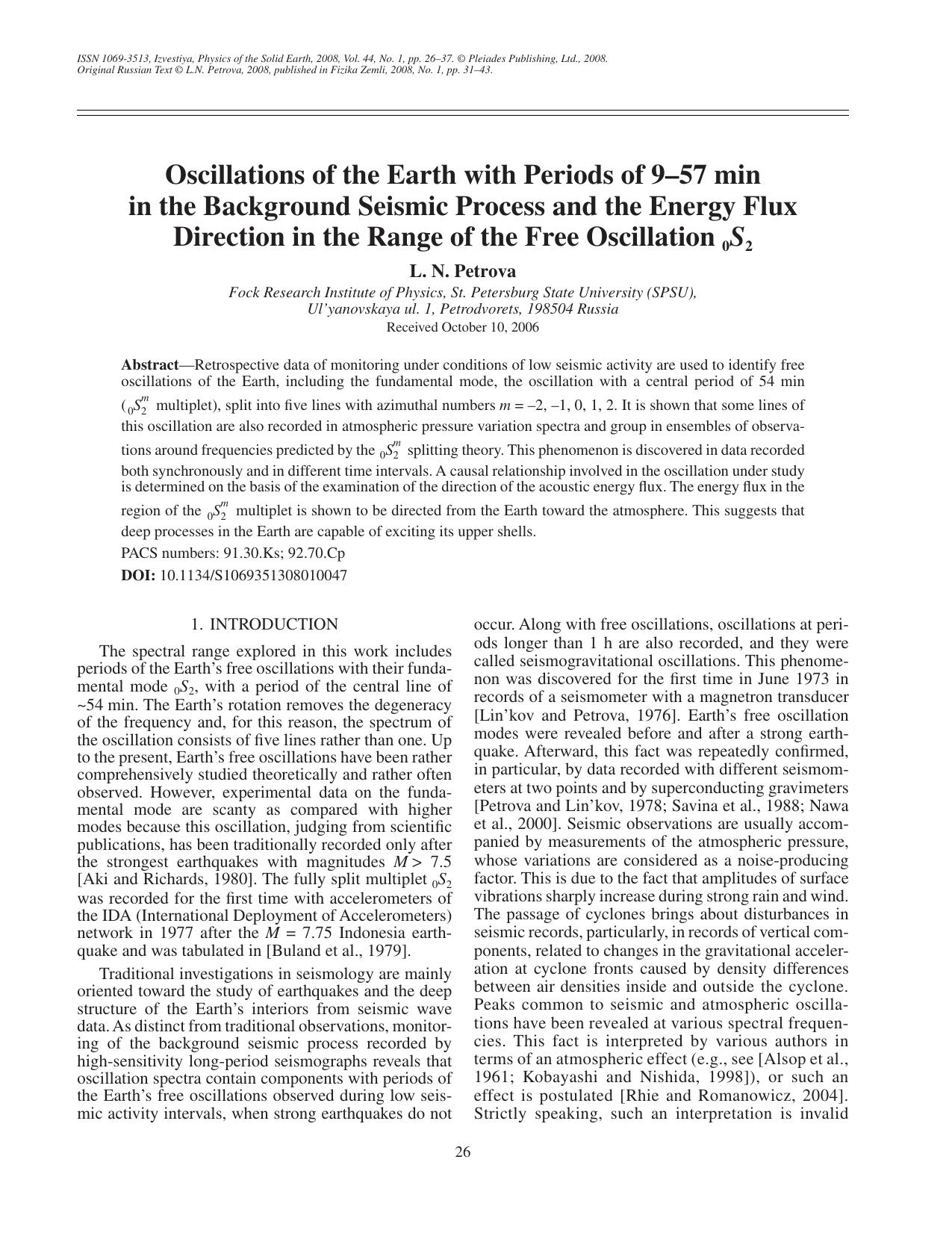 Oscillations of the Earth with periods of 9&#x2013;57 min in the background seismic process and the energy flux direction in the range of the free oscillation <Subscript>0<Subscrip by Unknown