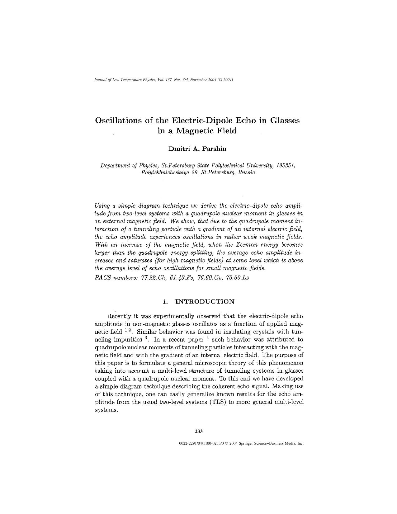 Oscillations of the Electric-Dipole Echo in Glasses in a Magnetic Field by Unknown