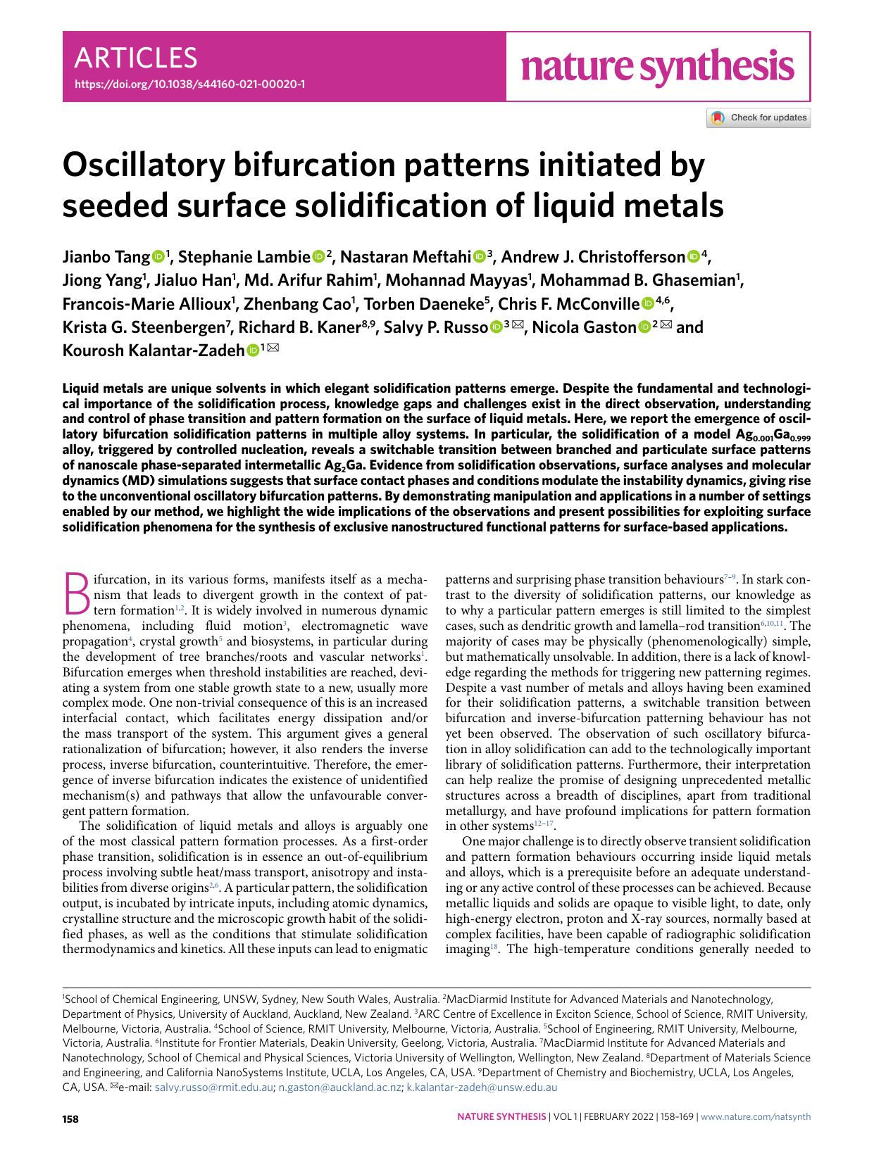 Oscillatory bifurcation patterns initiated by seeded surface solidification of liquid metals by unknow