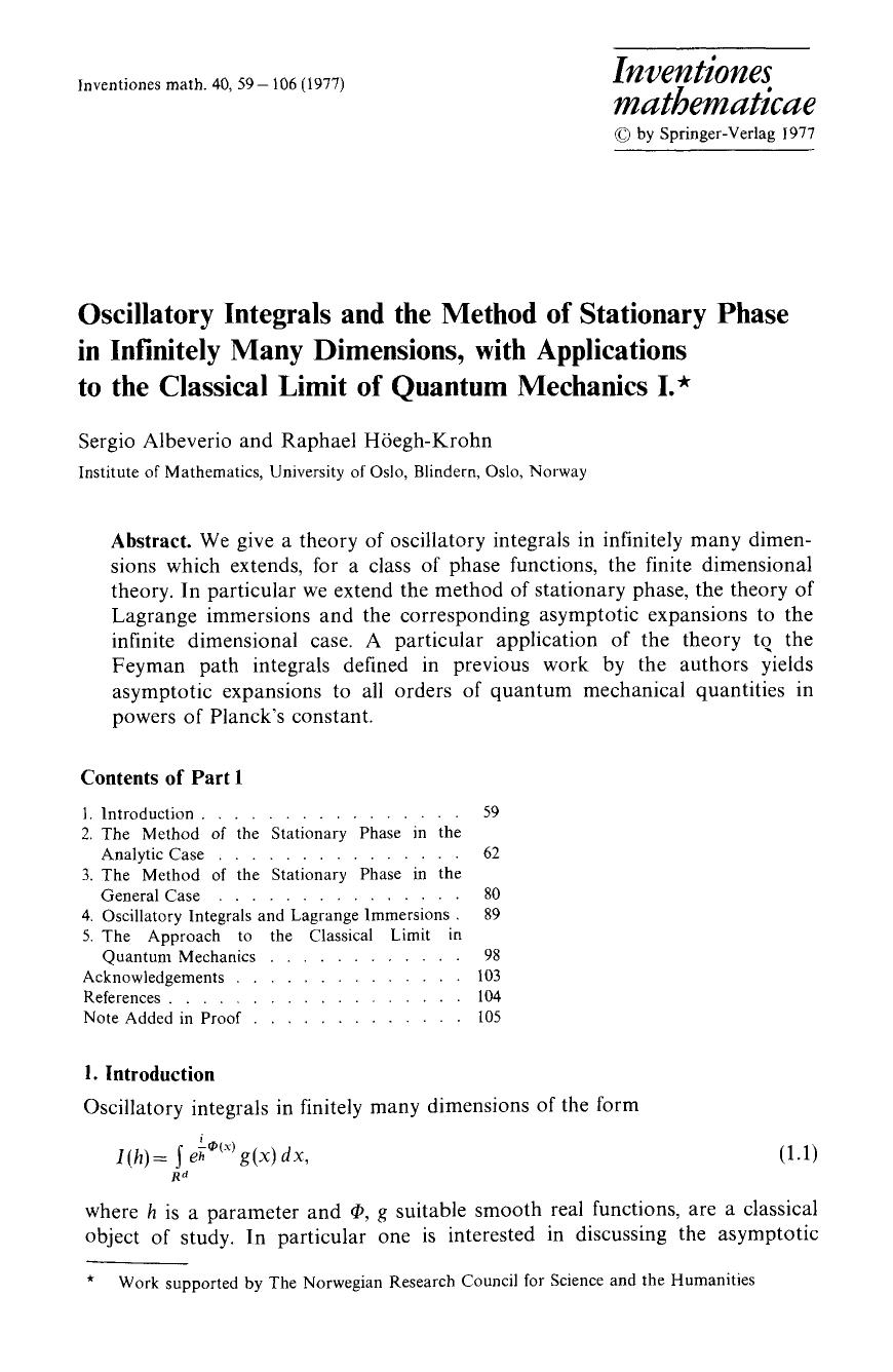Oscillatory integrals and the method of stationary phase in infinitely many dimensions, with applications to the classical limit of quantum mechanics I by Unknown