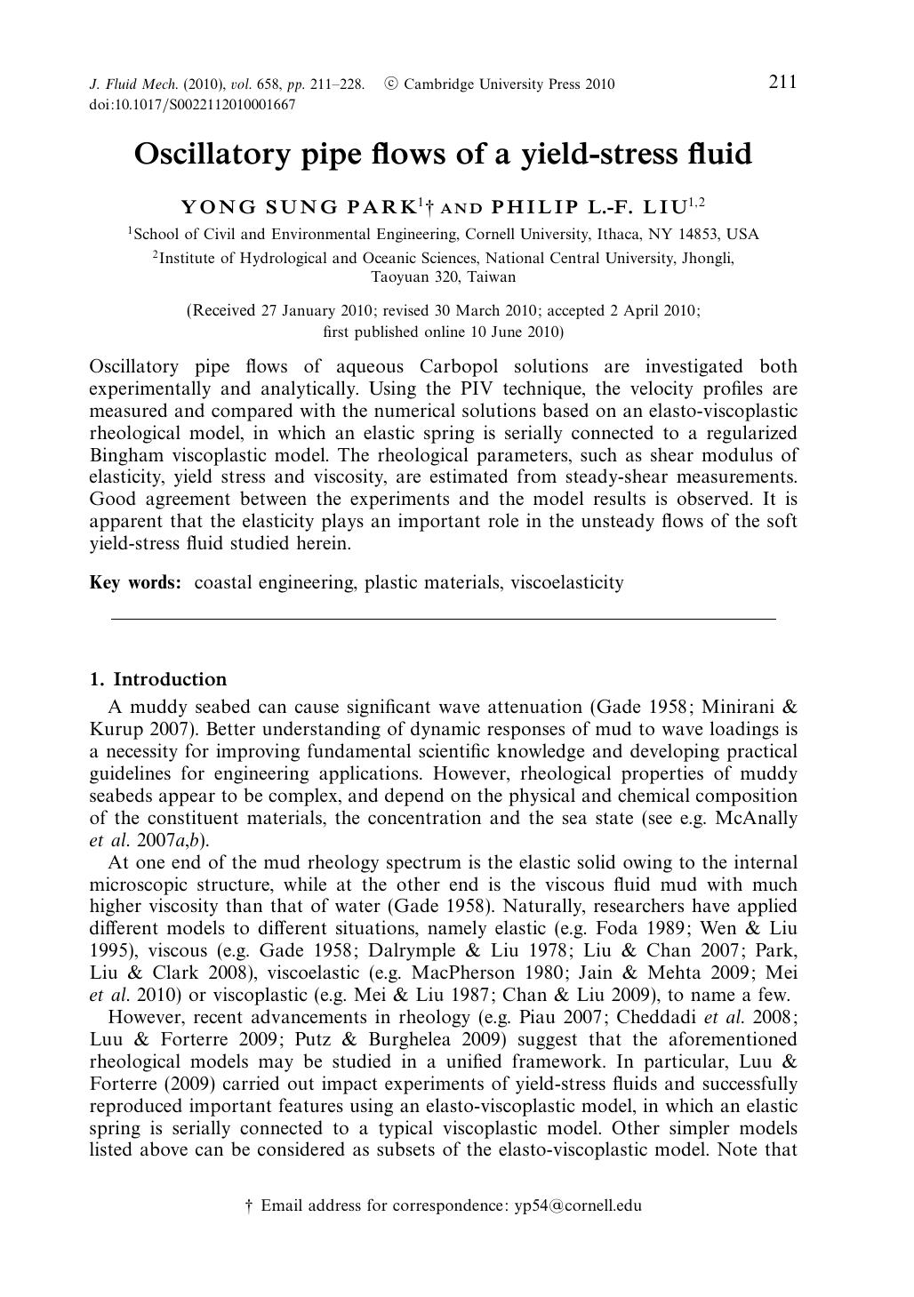 Oscillatory pipe flows of a yield-stress fluid by YONG SUNG PARK PHILIP L.-F. LIU