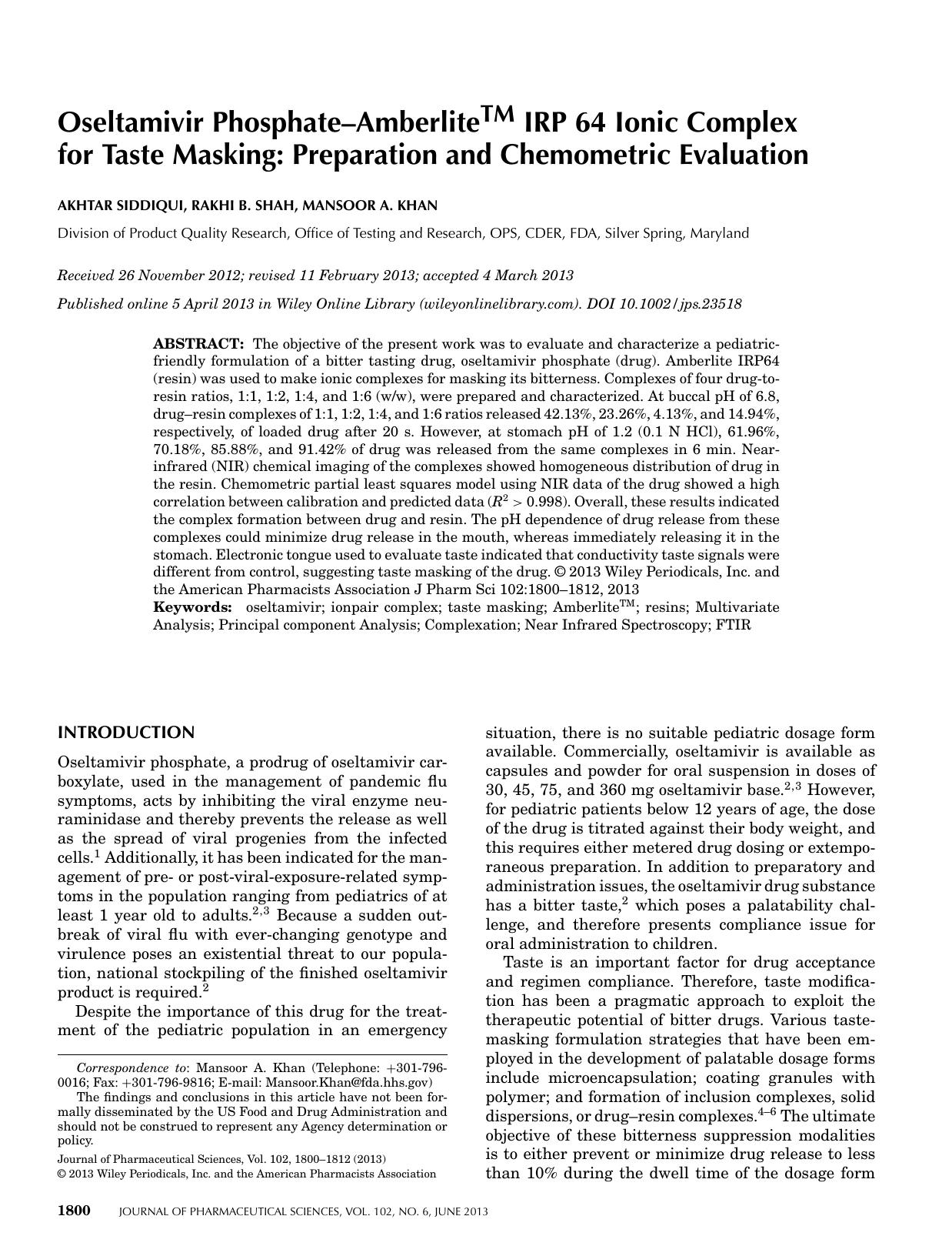 Oseltamivir phosphateamberliteTM IRP 64 ionic complex for taste masking: Preparation and chemometric evaluation by Unknown