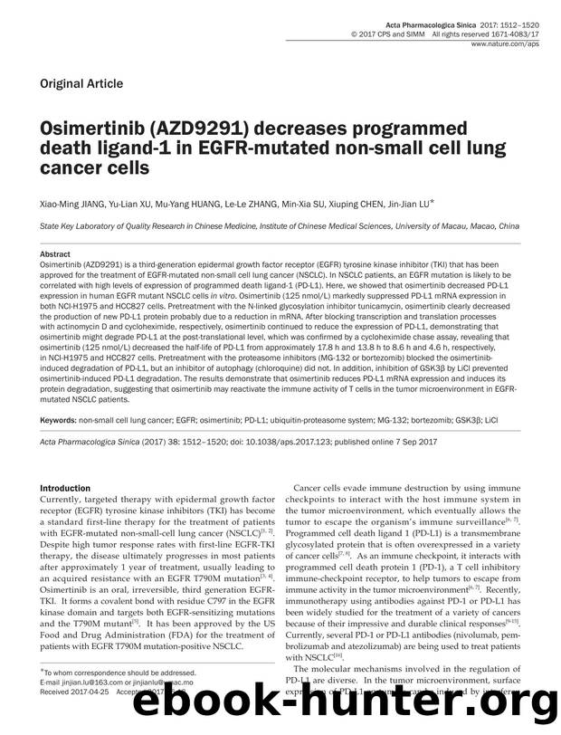 Osimertinib (AZD9291) decreases programmed death ligand-1 in EGFR-mutated non-small cell lung cancer cells by Xiao-Ming Jiang & Yu-Lian Xu & Mu-Yang Huang & Le-Le Zhang & Min-Xia Su & Xiuping Chen & Jin-Jian Lu