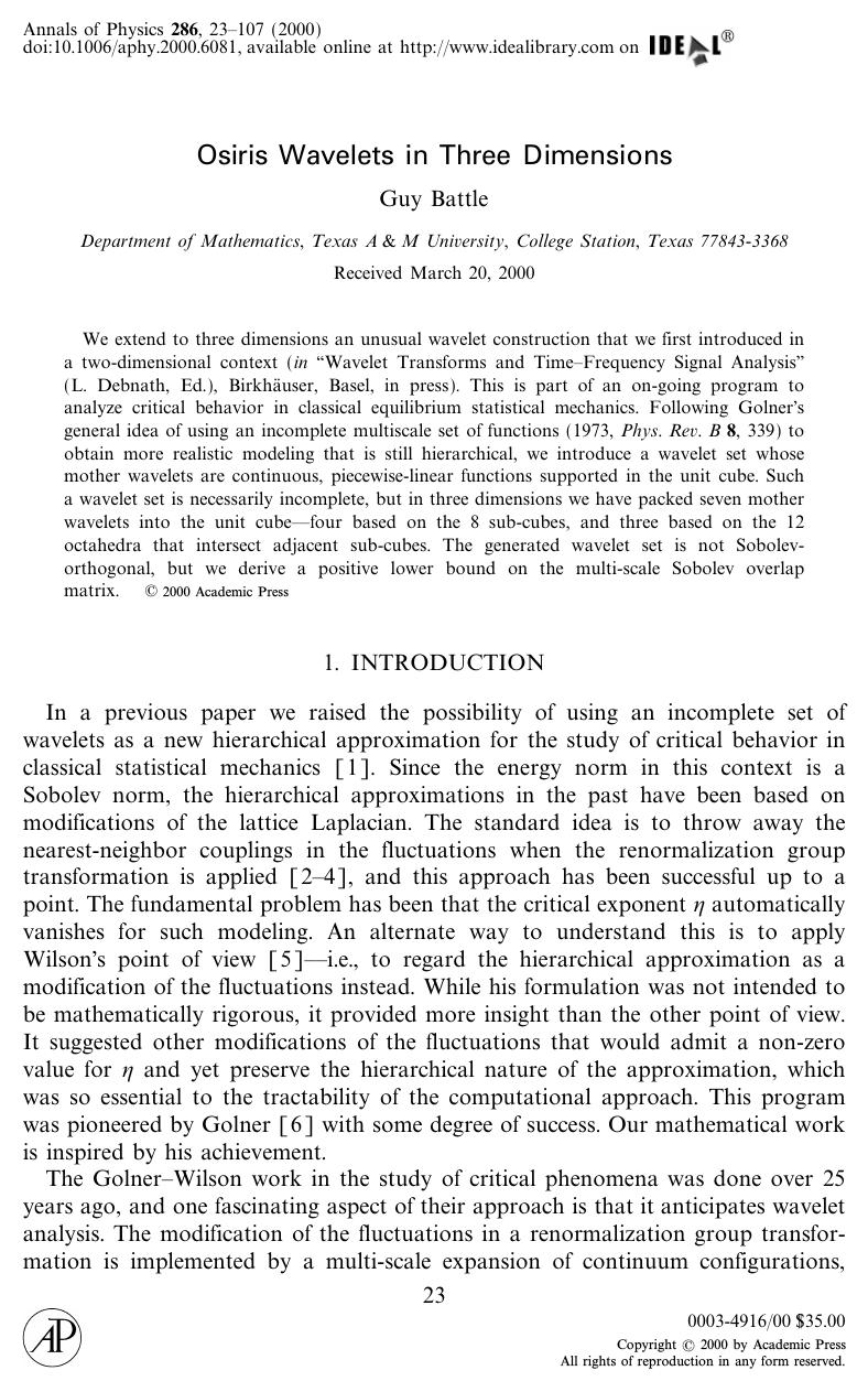 Osiris Wavelets in Three Dimensions by Battle G