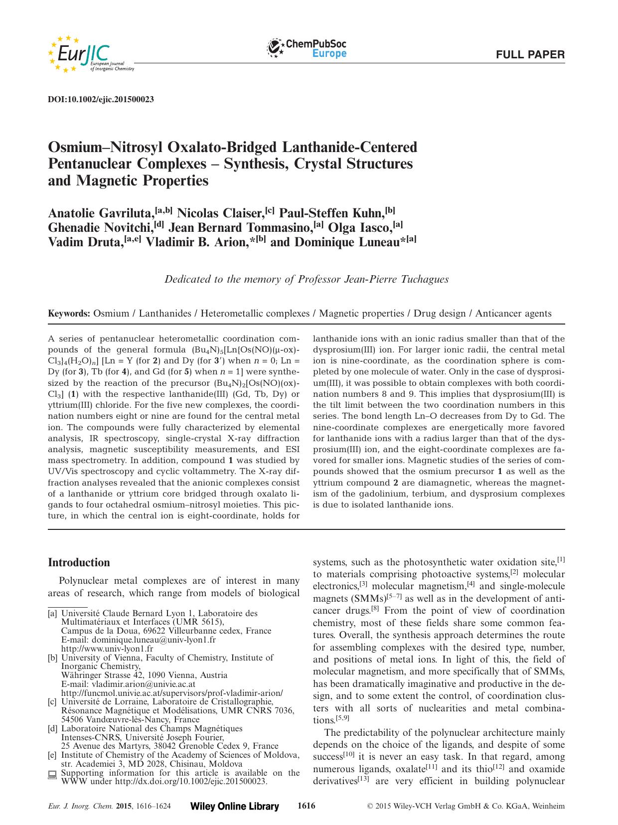 OsmiumNitrosyl OxalatoBridged LanthanideCentered Pentanuclear Complexes Synthesis, Crystal Structures and Magnetic Properties by Unknown