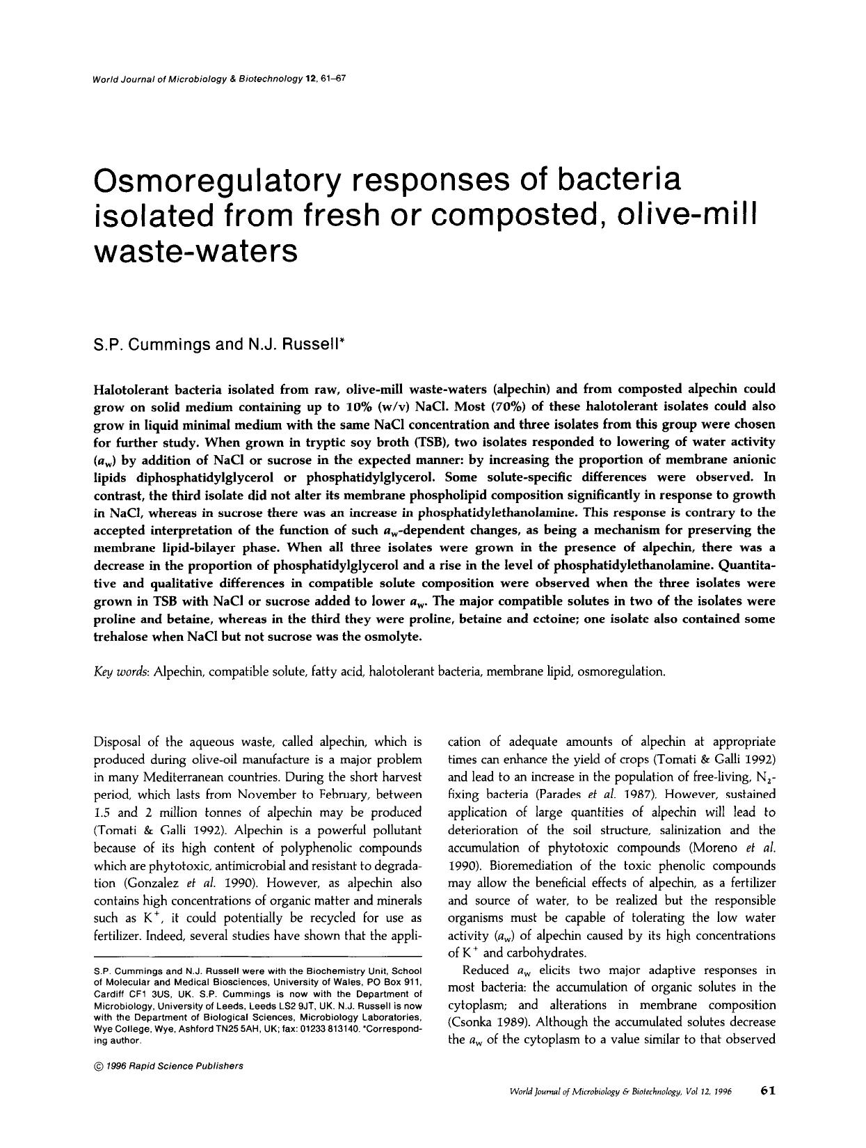 Osmoregulatory responses of bacteria isolated from fresh or composted, olive-mill waste-waters by Unknown