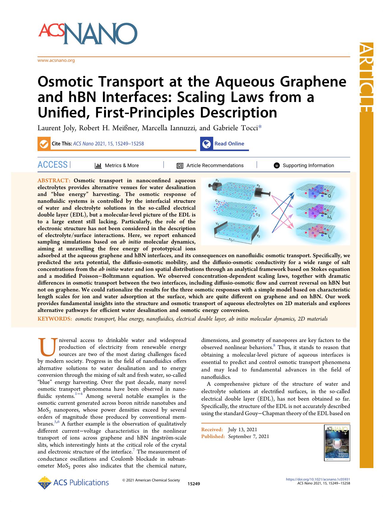 Osmotic Transport at the Aqueous Graphene and hBN Interfaces: Scaling Laws from a Unified, First-Principles Description by Laurent Joly Robert H. Meißner Marcella Iannuzzi and Gabriele Tocci