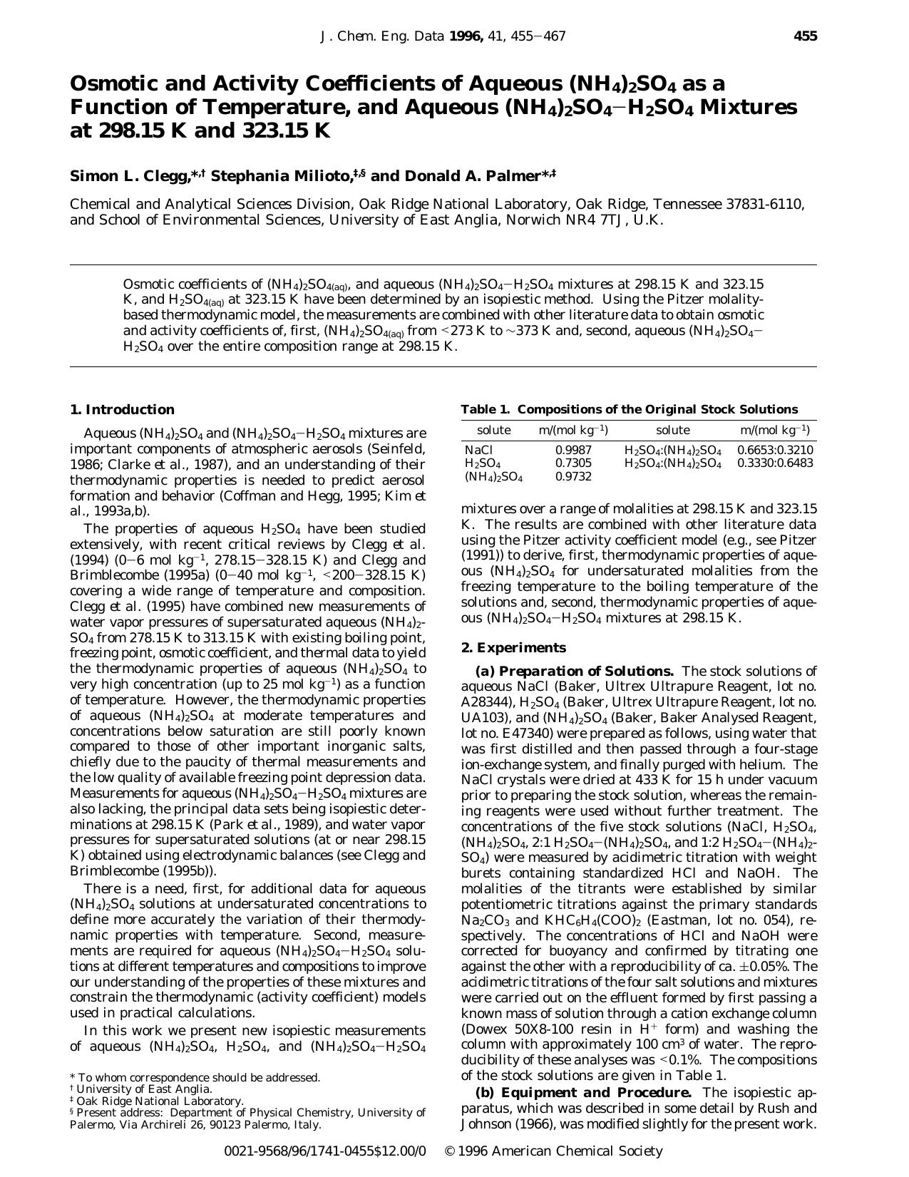 Osmotic and Activity Coefficients of Aqueous (NH4)2SO4 as a Function of Temperature, and Aqueous (NH4)2SO4H2SO4 Mixtures at 298.15 K and 323.15 K by Simon L. Clegg * Stephania Milioto s and Donald A. Palmer*
