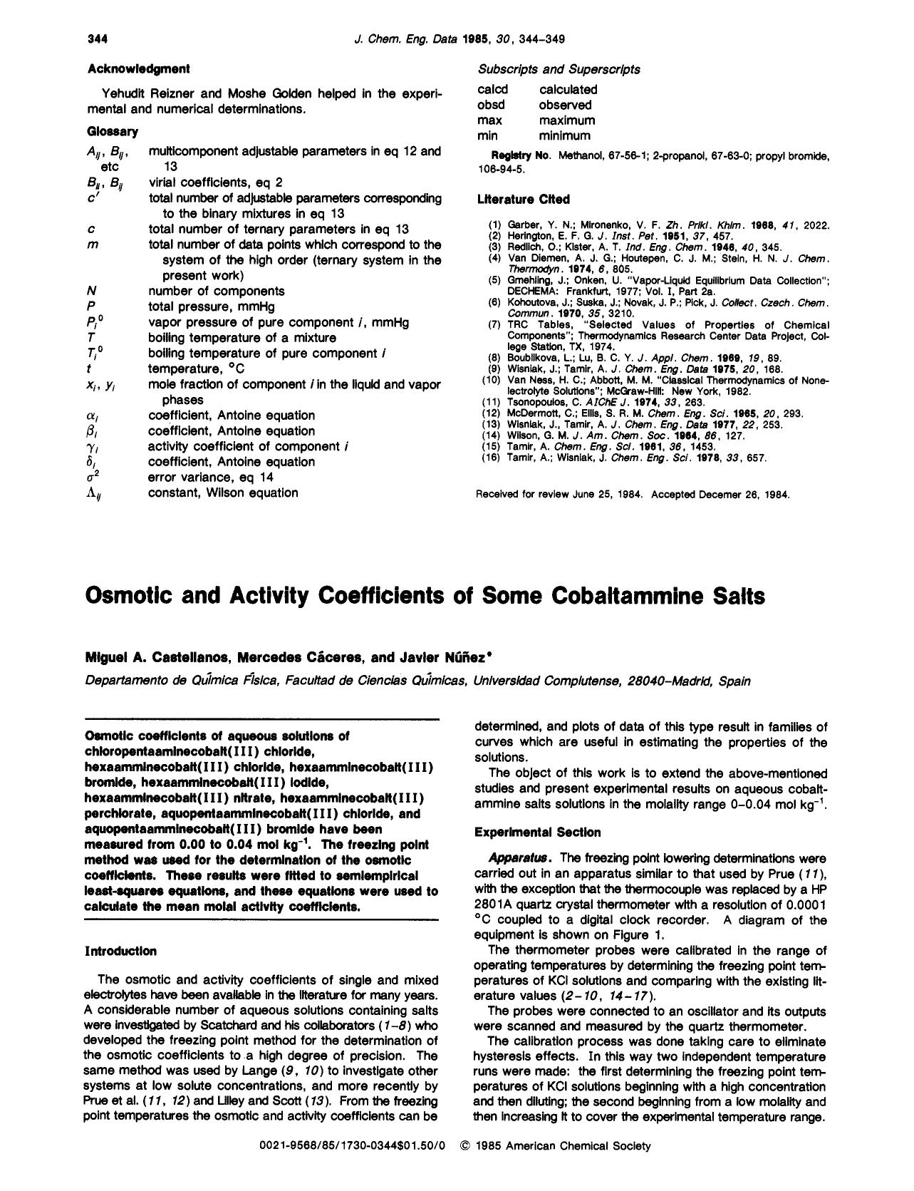Osmotic and activity coefficients of some cobaltammine salts by Miguel A. Castellanos Mercedes Caceres Javier Nunez