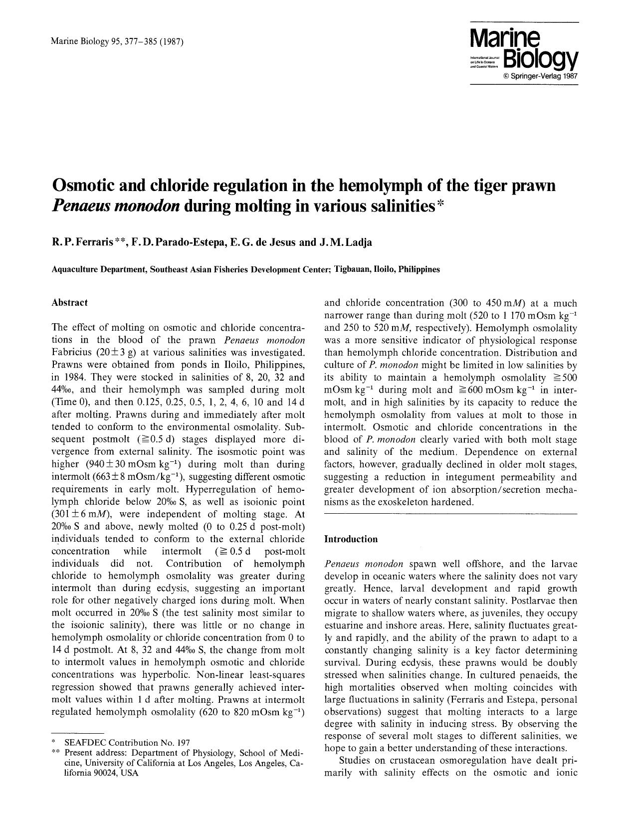 Osmotic and chloride regulation in the hemolymph of the tiger prawn <Emphasis Type="Italic">Penaeus monodon<Emphasis> during molting in various salinities by Unknown