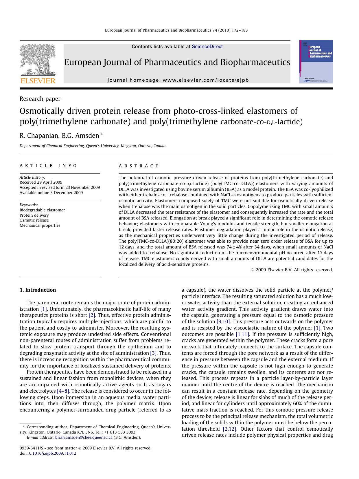 Osmotically driven protein release from photo-cross-linked elastomers of poly(trimethylene carbonate) and poly(trimethylene carbonate-co-d,l-lactide) by R. Chapanian; B.G. Amsden
