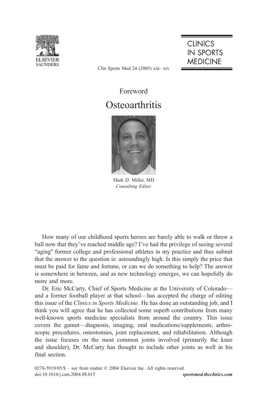 Osteoarthritis, An Issue of Clinics in Sports Medicine by Eric McCarty MD