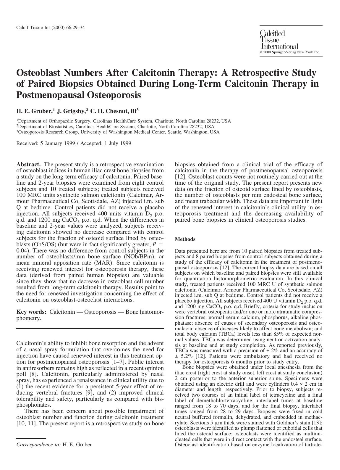 Osteoblast Numbers After Calcitonin Therapy: A Retrospective Study of Paired Biopsies Obtained During Long-Term Calcitonin Therapy in Postmenopausal Osteoporosis by Gruber H. et al