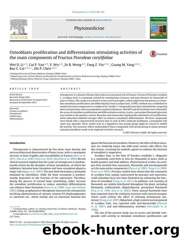 Osteoblasts proliferation and differentiation stimulating activities of the main components of Fructus Psoraleae corylifoliae by Wei D. Li & Cui P. Yan & Y. Wu & Ze B. Weng & Fang Z. Yin & Guang M. Yang & Bao C. Cai & Zhi P. Chen