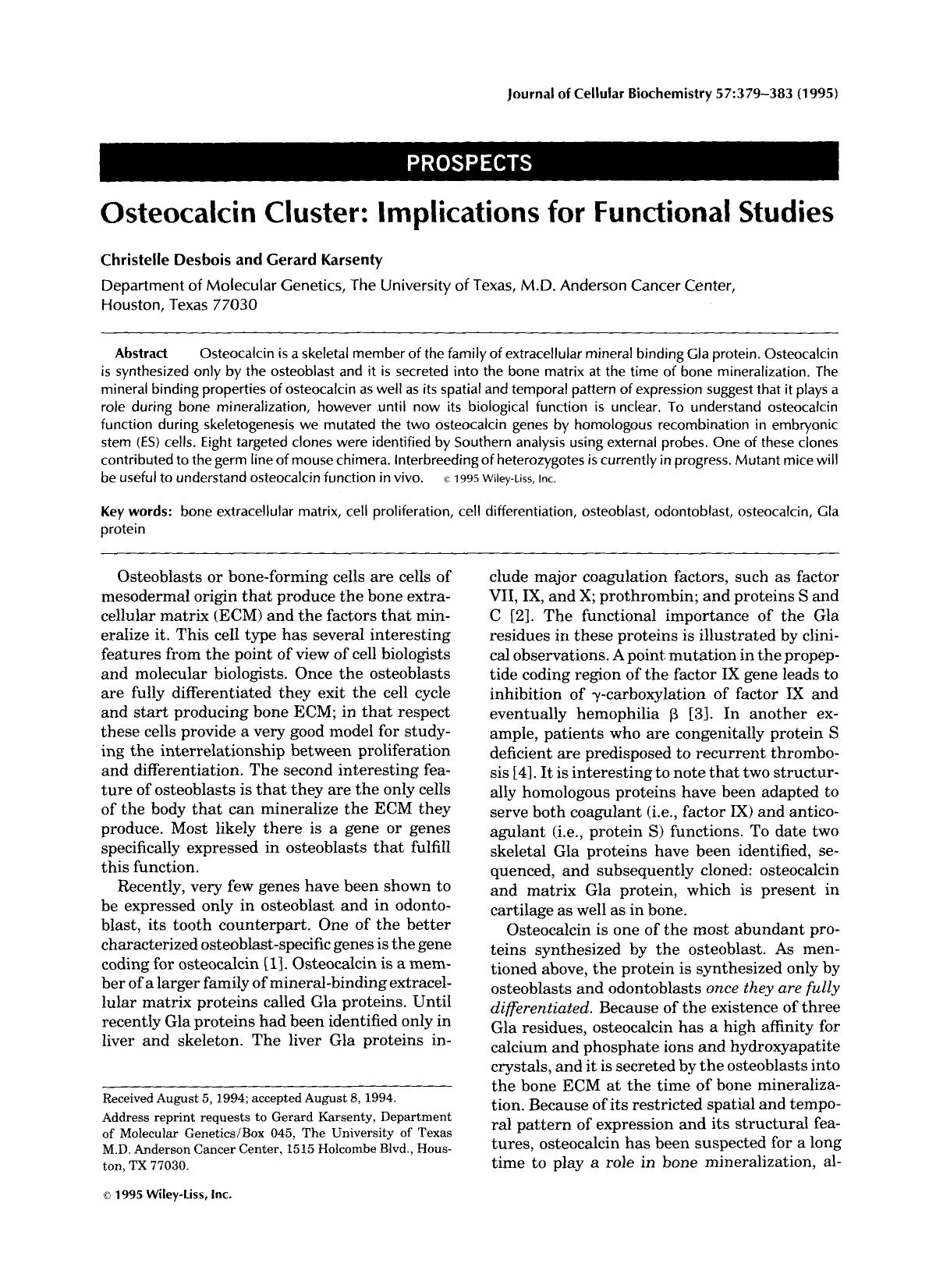 Osteocalcin cluster: Implications for functional studies by Unknown
