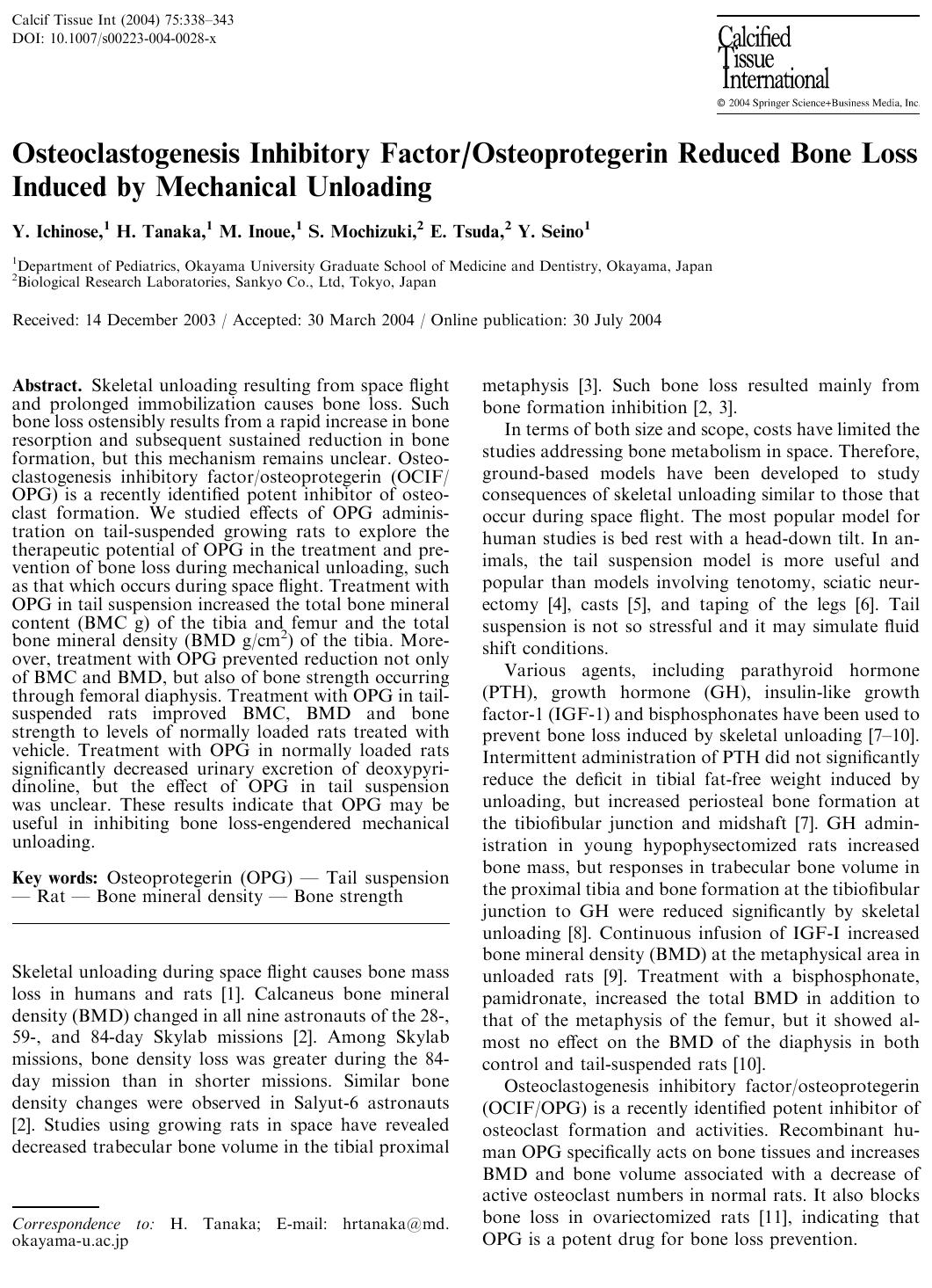 Osteoclastogenesis Inhibitory FactorOsteoprotegerin Reduced Bone Loss Induced by Mechanical Unloading by Ichinose Y. et al