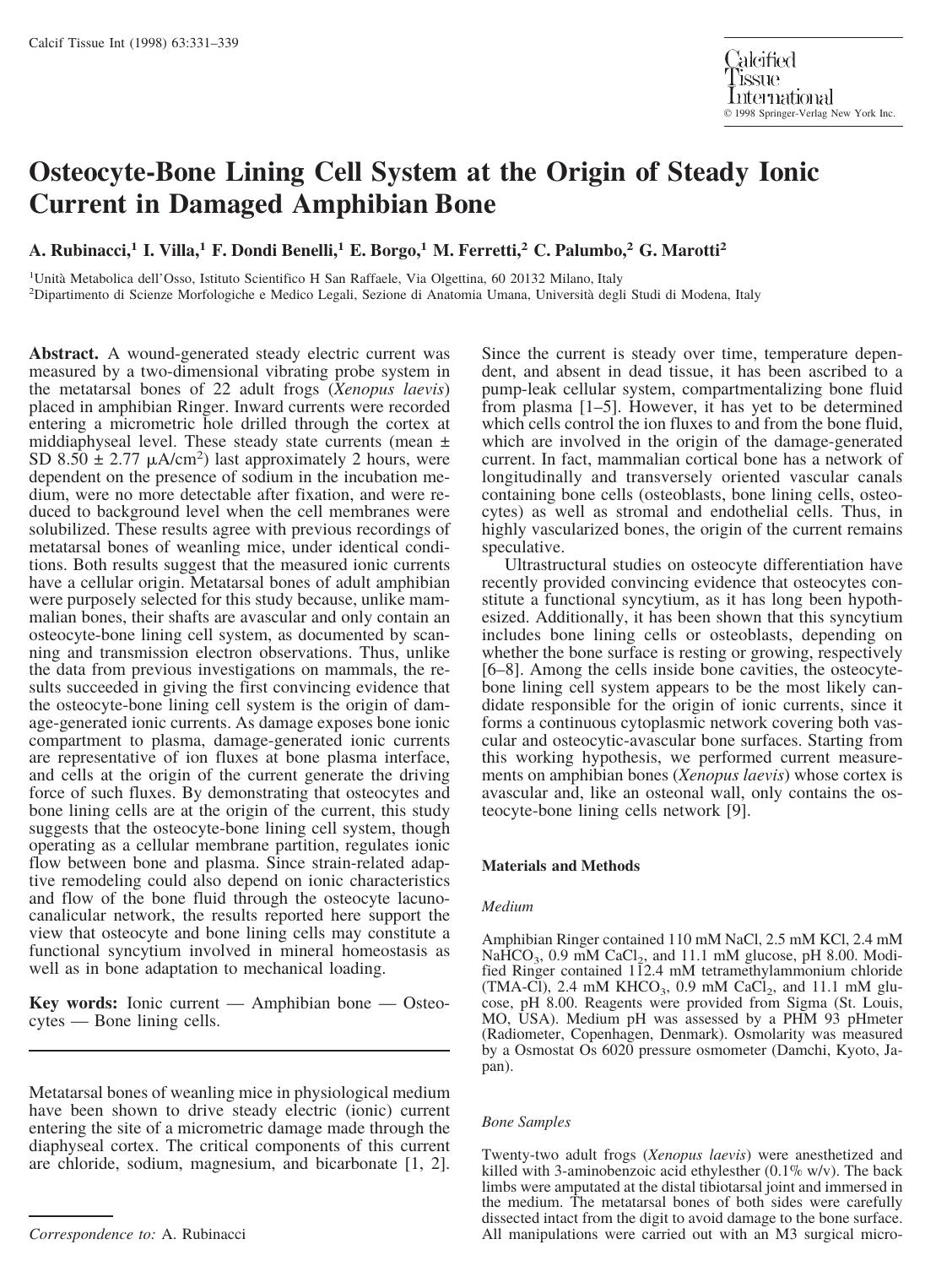 Osteocyte-Bone Lining Cell System at the Origin of Steady Ionic Current in Damaged Amphibian Bone by Rubinacci A. et al