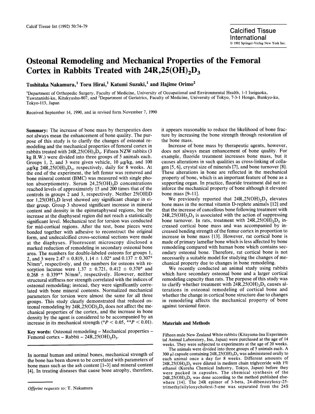 Osteonal remodeling and mechanical properties of the femoral cortex in rabbits treated with 24R,25(OH)<Subscript>2<Subscript>D<Subscript>3<Subscript> by Unknown