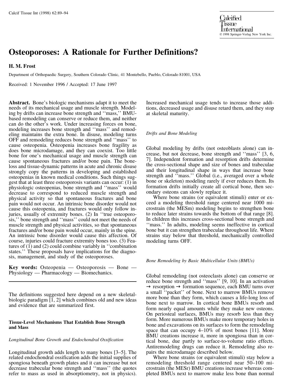 Osteoporoses: A Rationale for Further Definitions? by Frost H