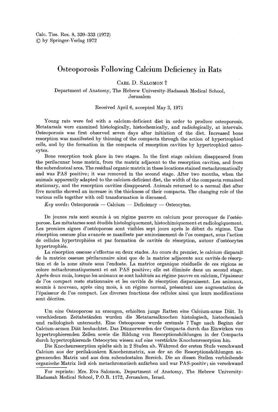 Osteoporosis following calcium deficiency in rats by Unknown