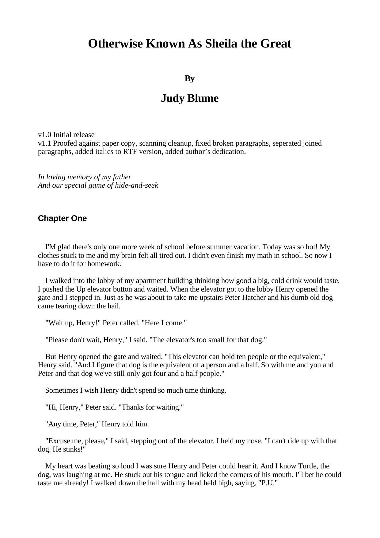 Otherwise Known as Sheila the Great by Judy Blume