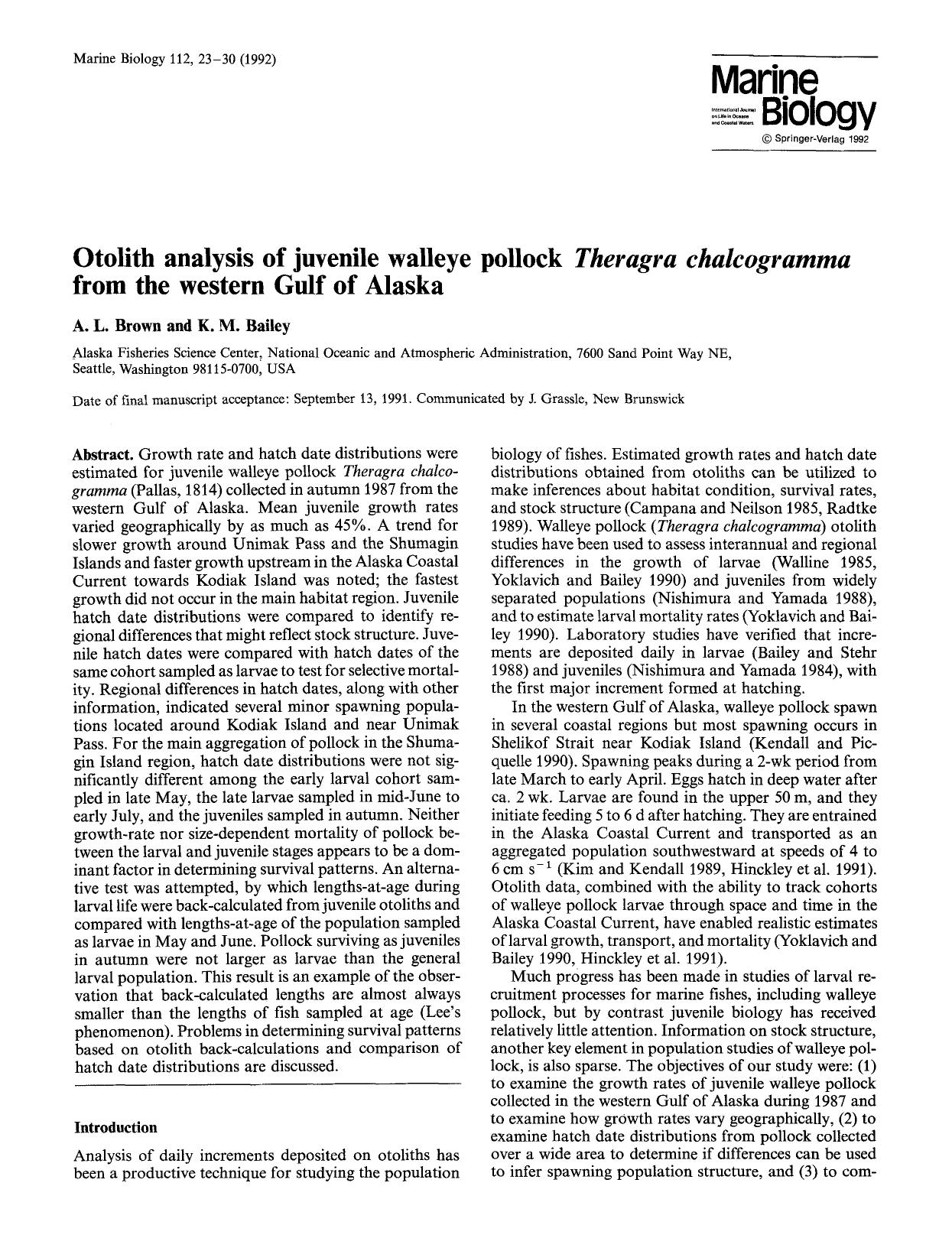 Otolith analysis of juvenile walleye pollock <Emphasis Type="Italic">Theragra chalcogramma<Emphasis> from the western Gulf of Alaska by Unknown