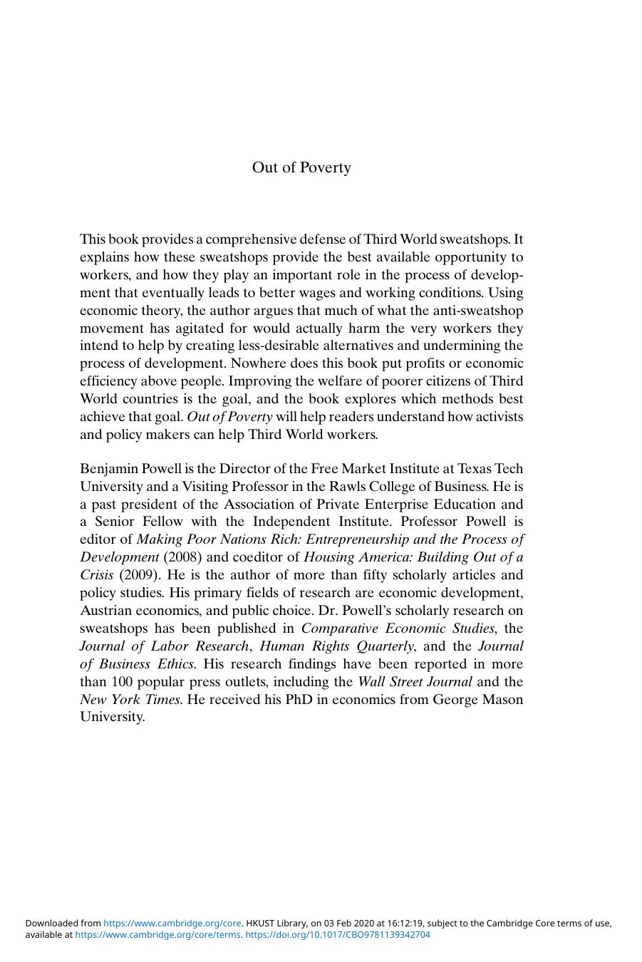 Out of Poverty: Sweatshops in the Global Economy by Benjamin Powell