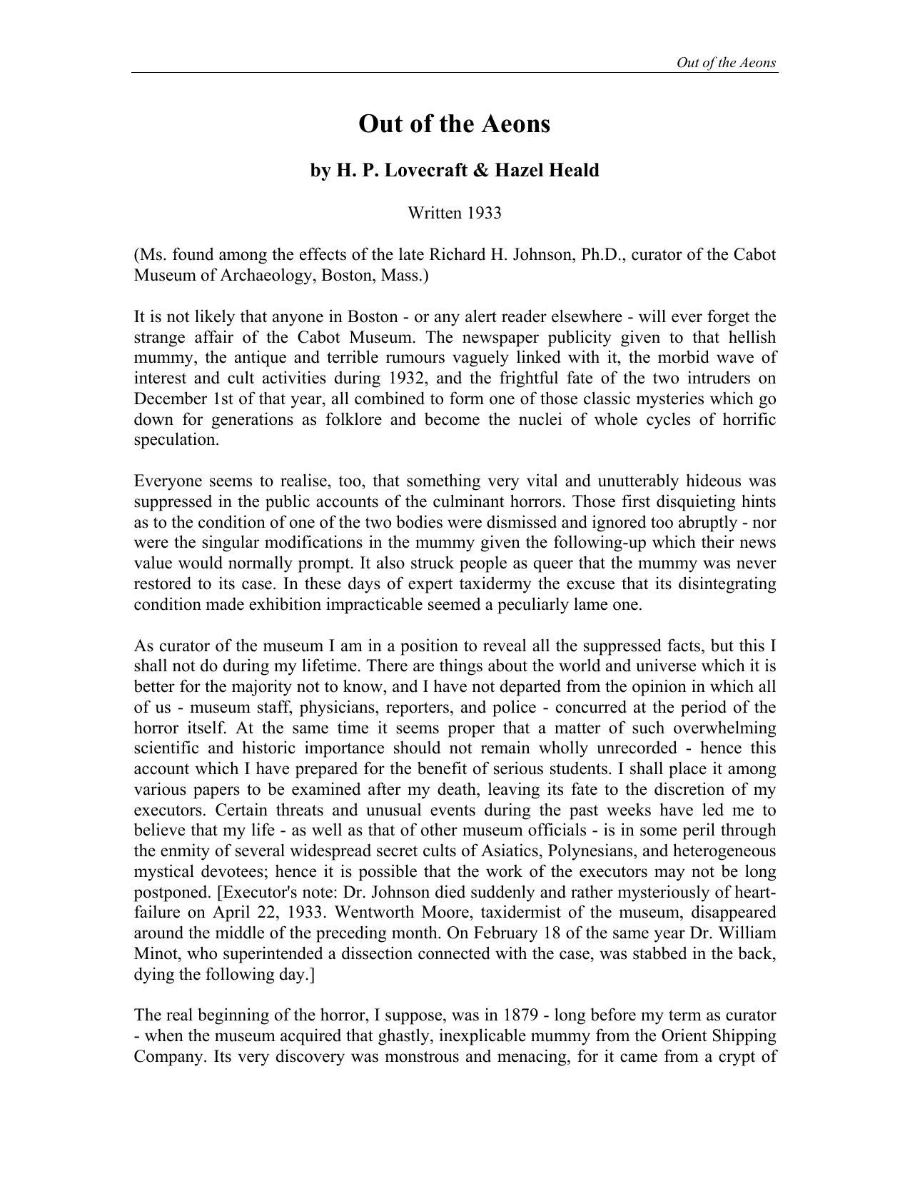 Out of the Aeons by H. P. Lovecraft & Hazel Heald