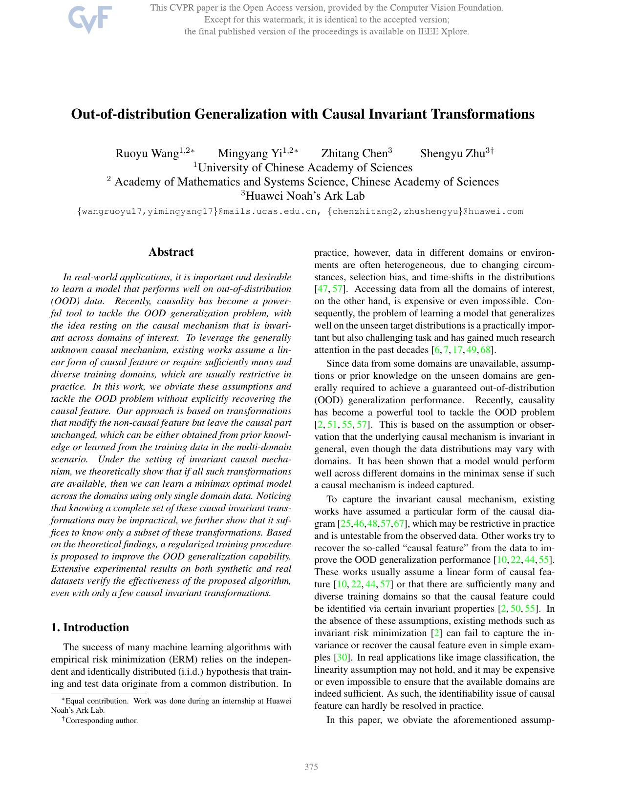 Out-of-Distribution Generalization With Causal Invariant Transformations by Ruoyu Wang & Mingyang Yi & Zhitang Chen & Shengyu Zhu