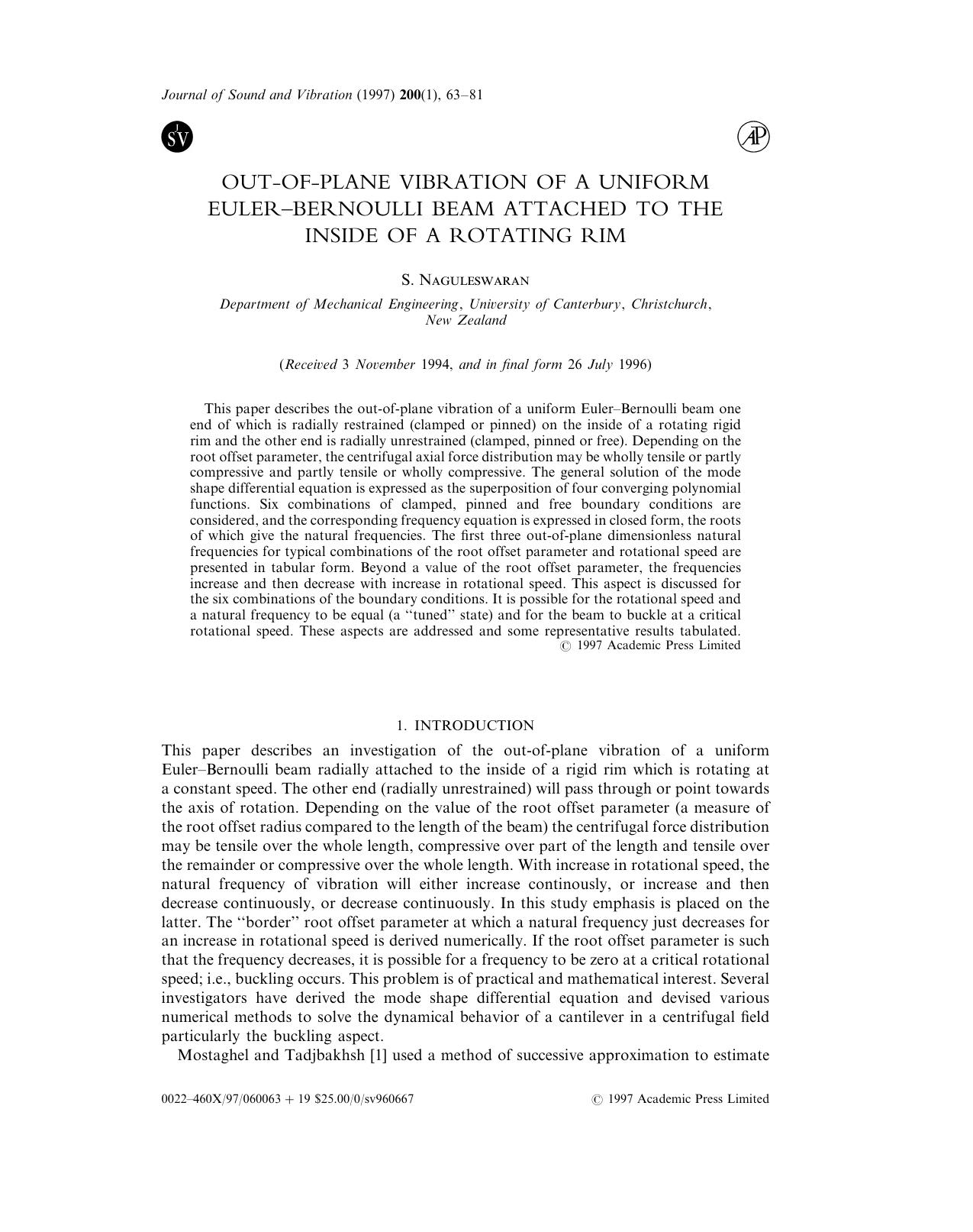 Out-of-Plane Vibration of a Uniform Euler-Bernoulli Beam Attached to the Inside of a Rotating Rim by Naguleswaran S