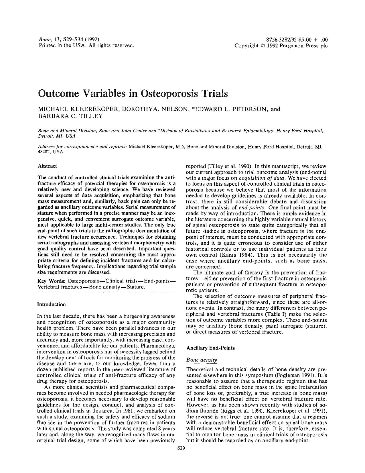 Outcome variables in osteoporosis trials by Michael Kleerekoper; Dorothya. Nelson; Edward L. Peterson; Barbara C. Tilley