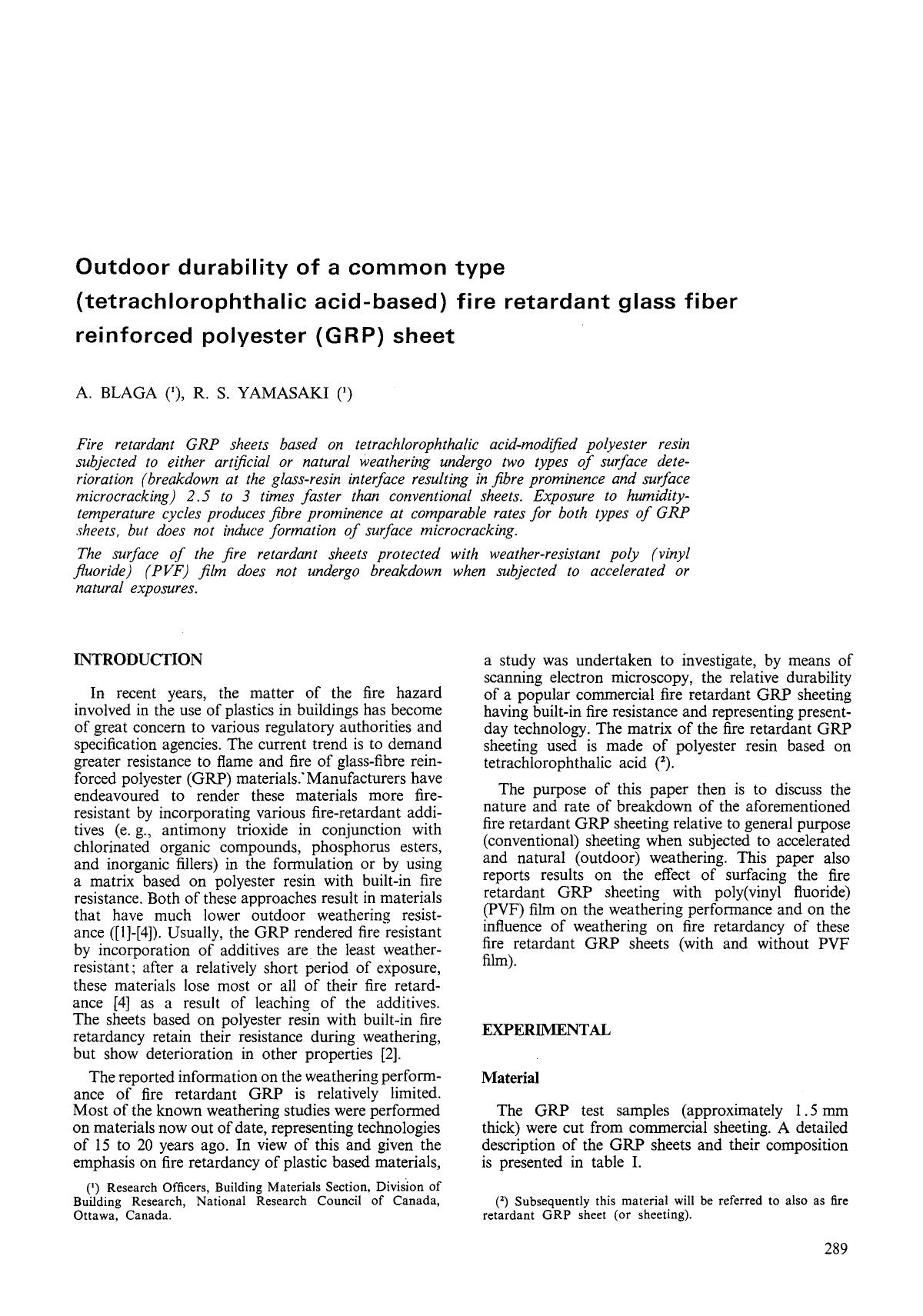 Outdoor durability of a common type (tetrachlorophthalic acid-based) fire retardant glass fiber reinforced polyester (GRP) sheet by Unknown