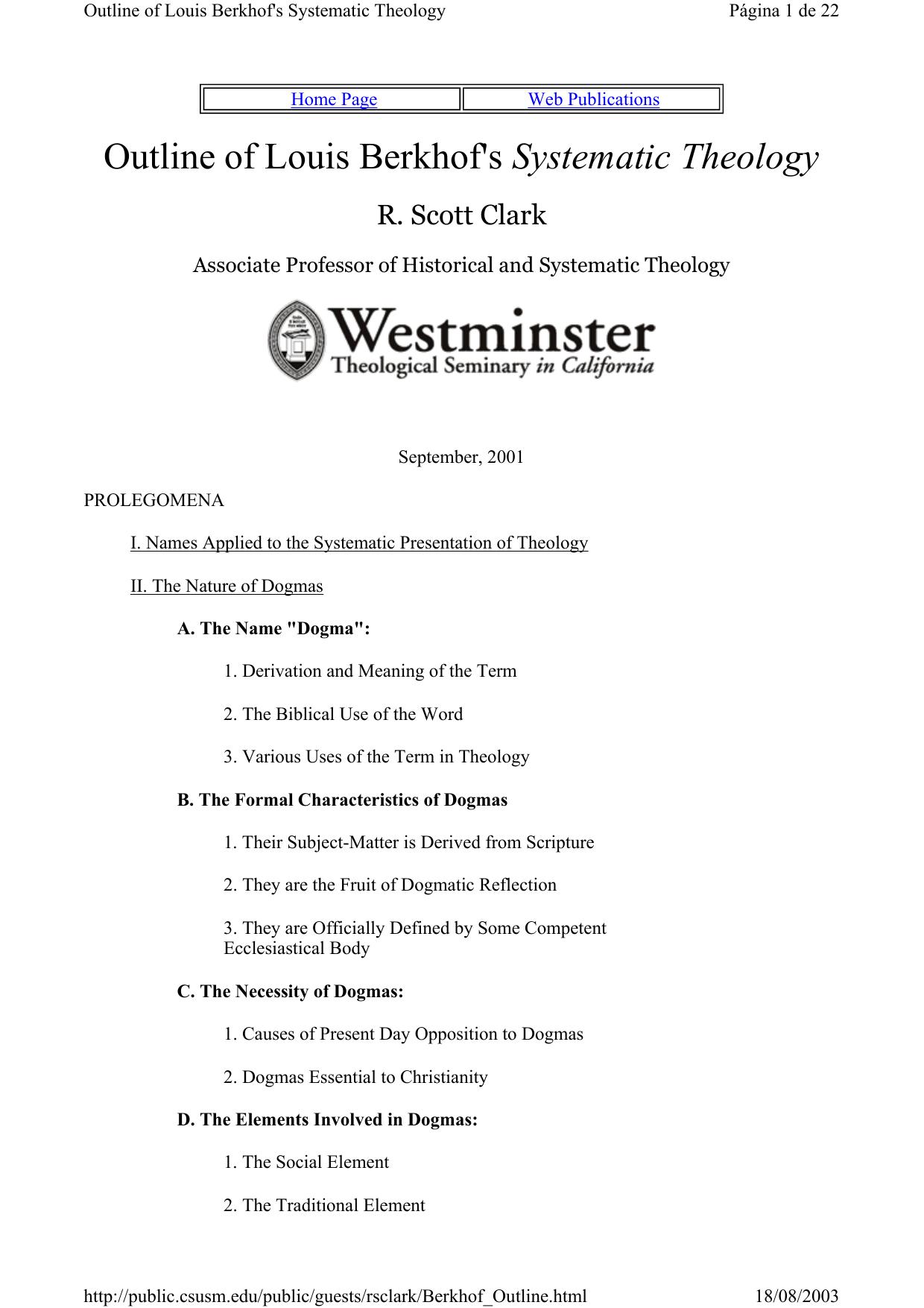 Outline of Systematic Theology (NOT ENTIRE BOOK) by Louis Berkhof