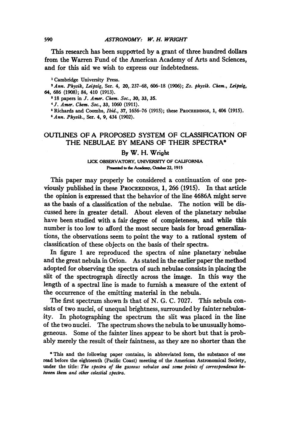 Outlines of a Proposed System of Classification of the Nebulae by Means of their Spectra by Wright W. H