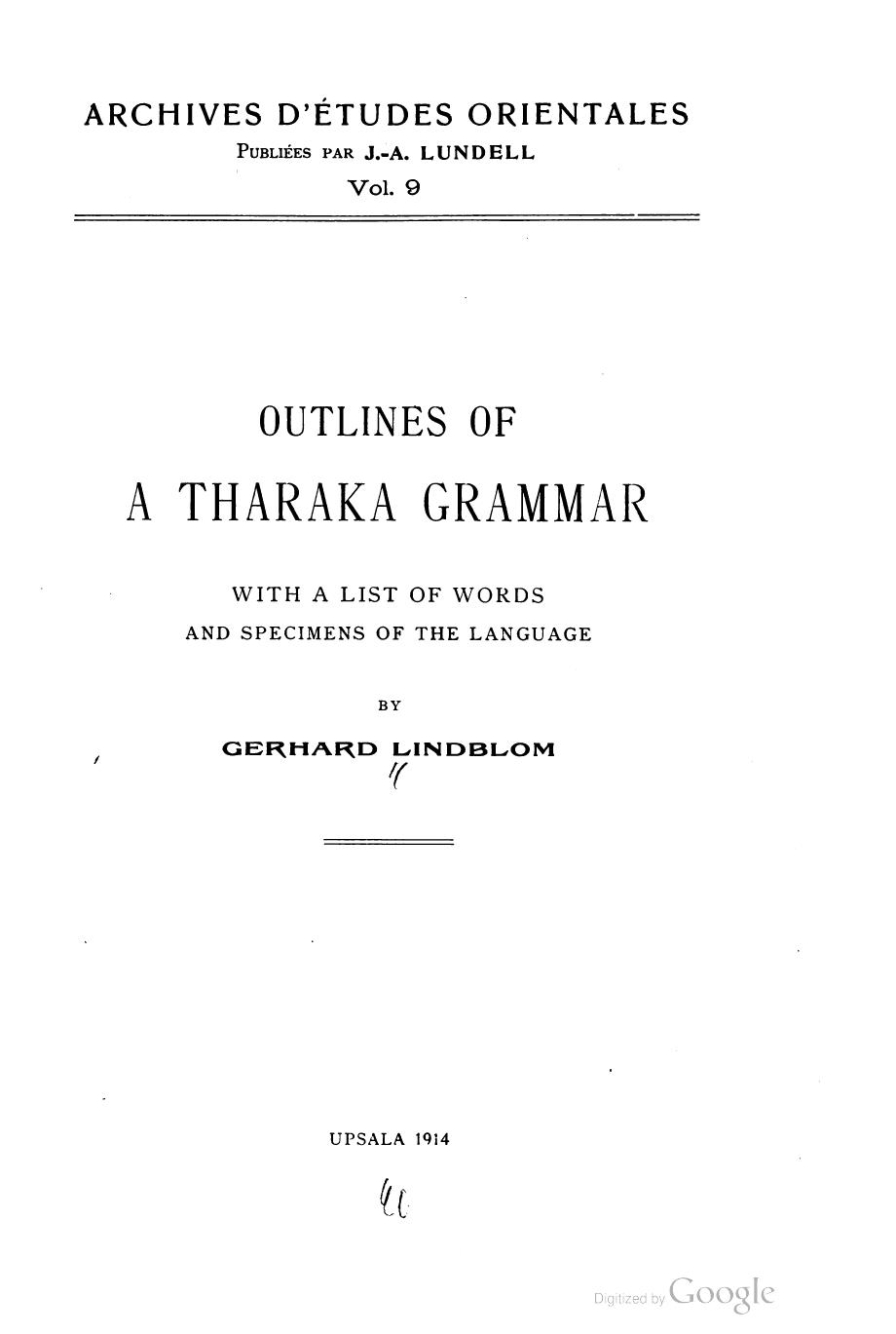 Outlines of a Tharaka Grammar: With a List of Words and Specimens of the Language by Gerhard Lindblom