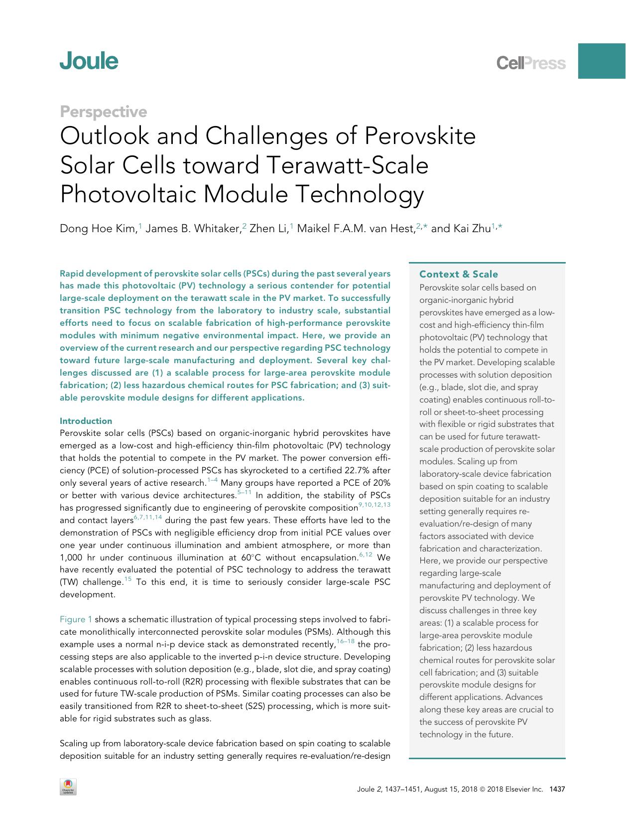 Outlook and Challenges of Perovskite Solar Cells toward Terawatt-Scale Photovoltaic Module Technology by Dong Hoe Kim & James B. Whitaker & Zhen Li & Maikel F.A.M. van Hest & Kai Zhu