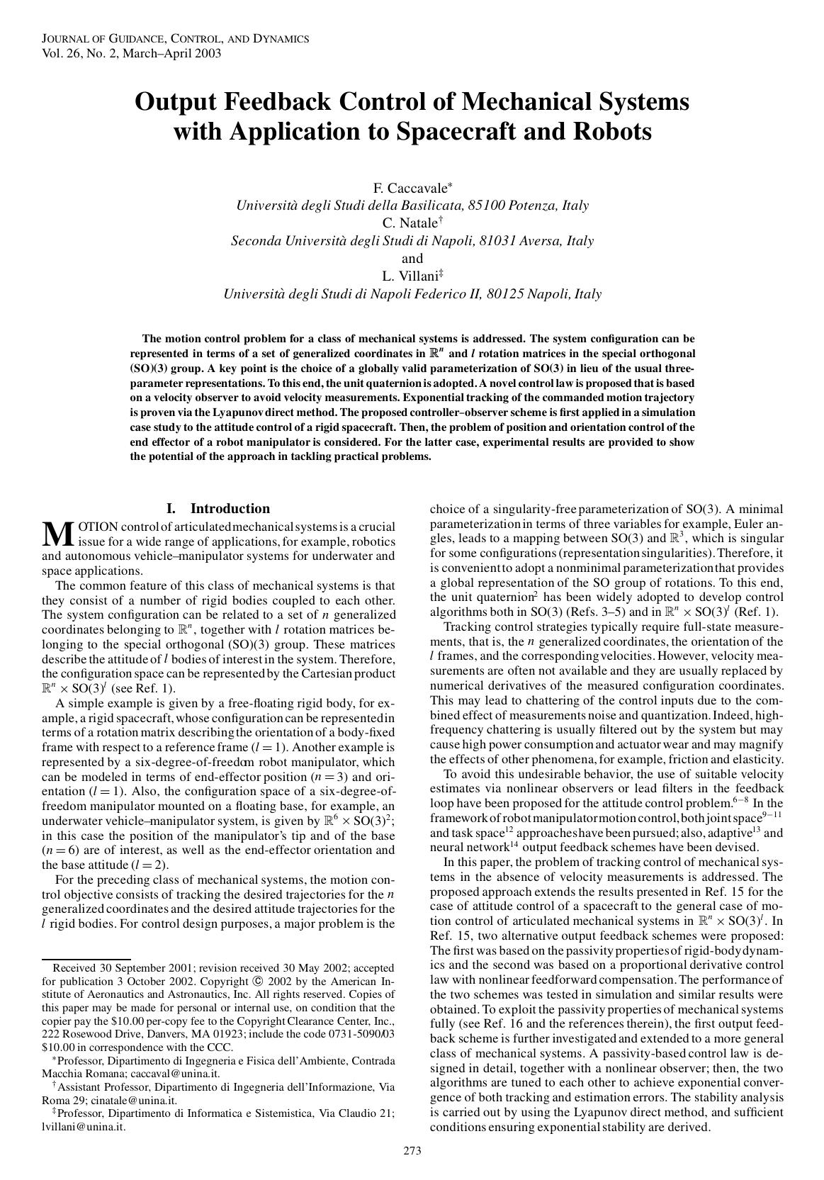 Output Feedback Control of Mechanical Systems with Application to Spacecraft and Robots by Unknown