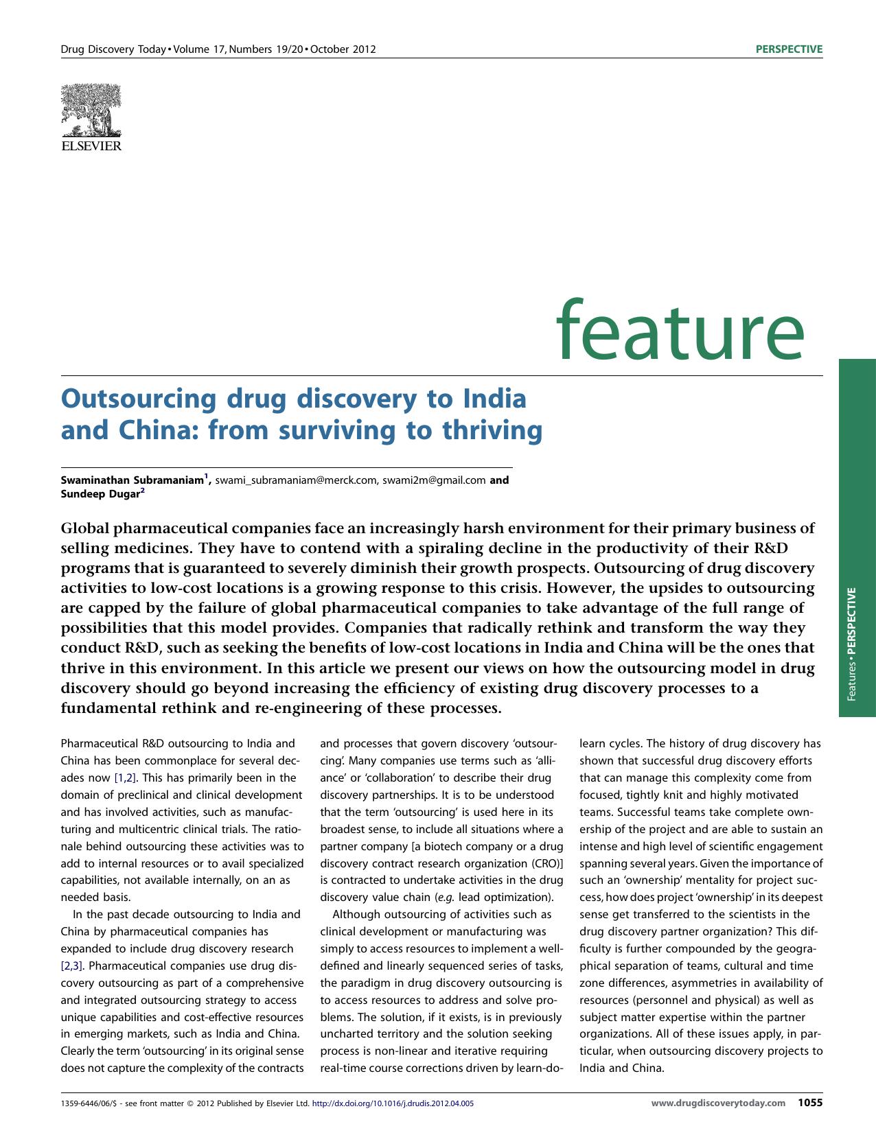 Outsourcing drug discovery to India and China: from surviving to thriving by Swaminathan Subramaniam