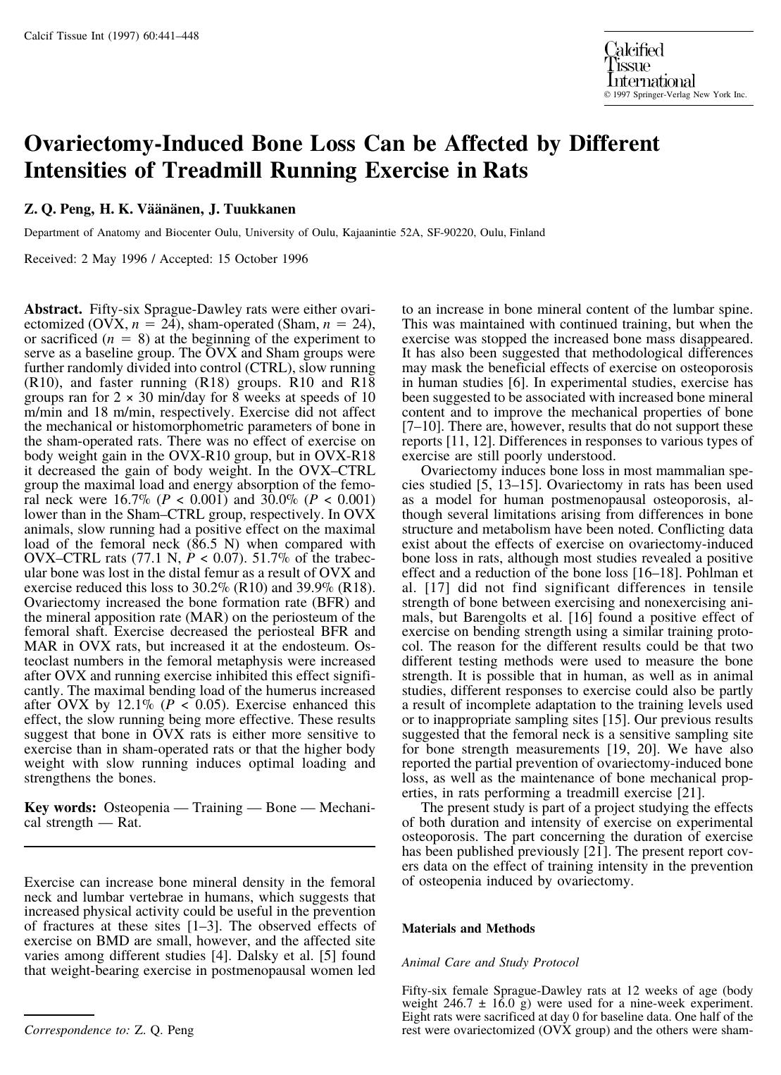 Ovariectomy-Induced Bone Loss Can be Affected by Different Intensities of Treadmill Running Exercise in Rats by Peng Z. et al