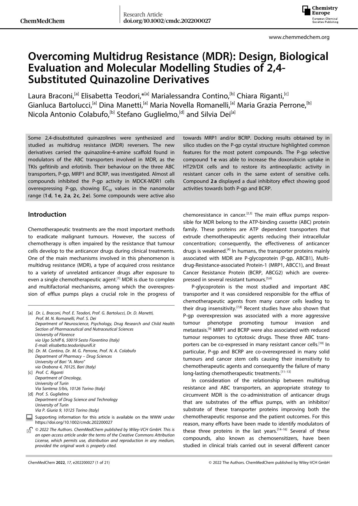Overcoming Multidrug Resistance (MDR): Design, Biological Evaluation and Molecular Modelling Studies of 2,4âSubstituted Quinazoline Derivatives by Unknown