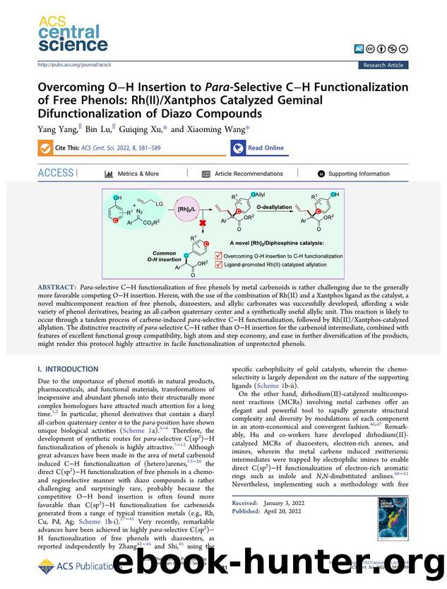 Overcoming OâH Insertion to Para-Selective CâH Functionalization of Free Phenols: Rh(II)Xantphos Catalyzed Geminal Difunctionalization of Diazo Compounds by Yang Yang & Bin Lu & Guiqing Xu & Xiaoming Wang (ORCID: g/0000-0001-7981-3757)