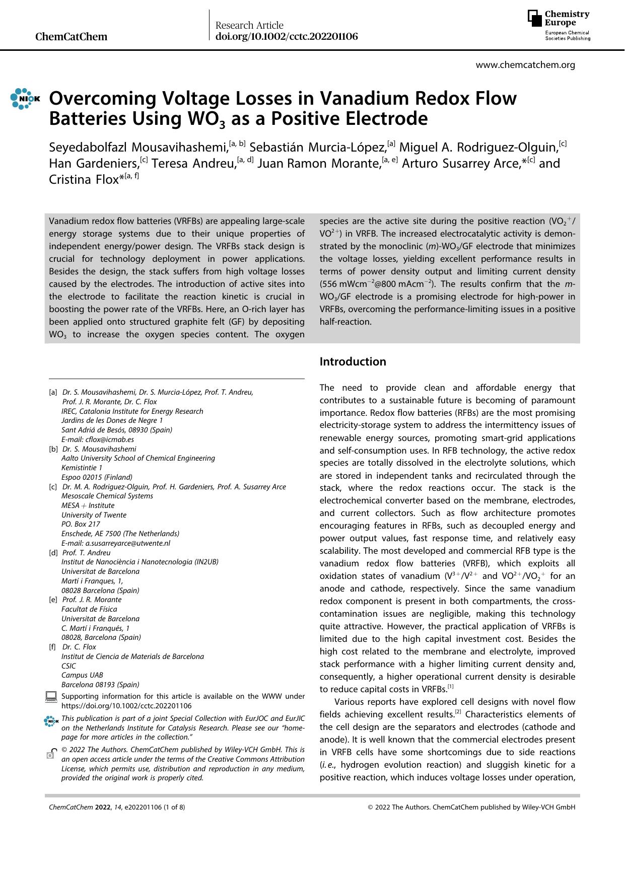 Overcoming Voltage Losses in Vanadium Redox Flow Batteries Using WO3 as a Positive Electrode by Unknown