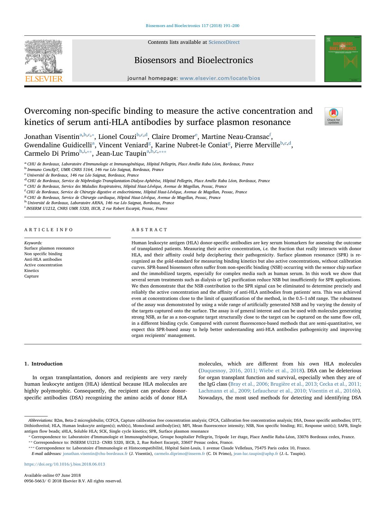 Overcoming non-specific binding to measure the active concentration and kinetics of serum anti-HLA antibodies by surface plasmon resonance by unknow