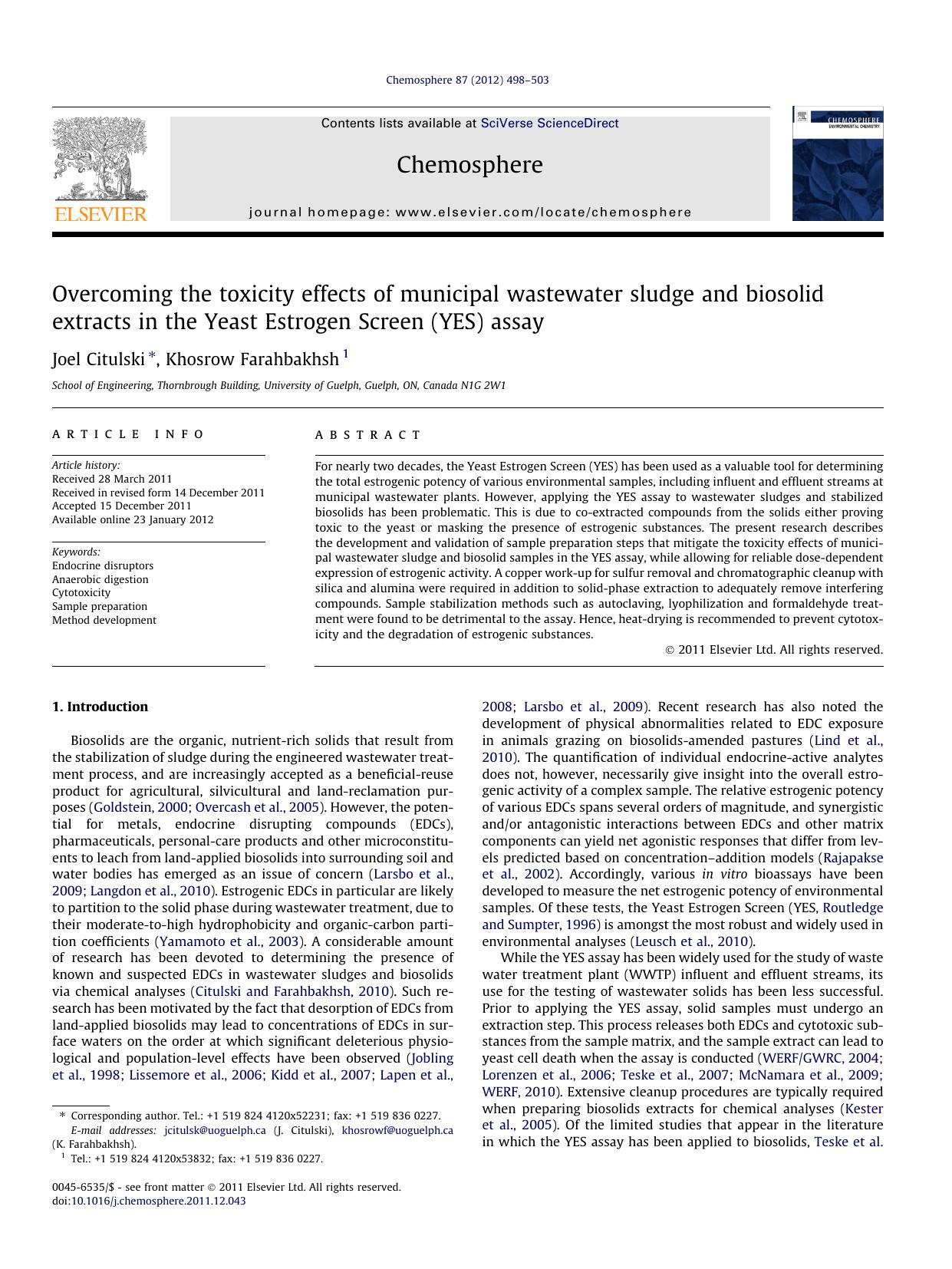 Overcoming the toxicity effects of municipal wastewater sludge and biosolid extracts in the Yeast Estrogen Screen (YES) assay by Joel Citulski & Khosrow Farahbakhsh