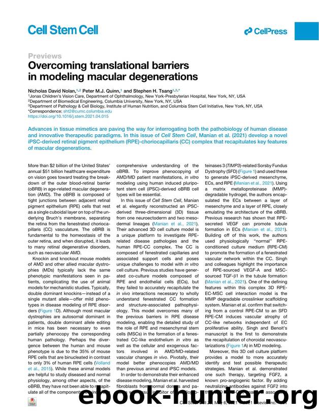Overcoming translational barriers in modeling macular degenerations by Nicholas David Nolan & Peter M.J. Quinn & Stephen H. Tsang