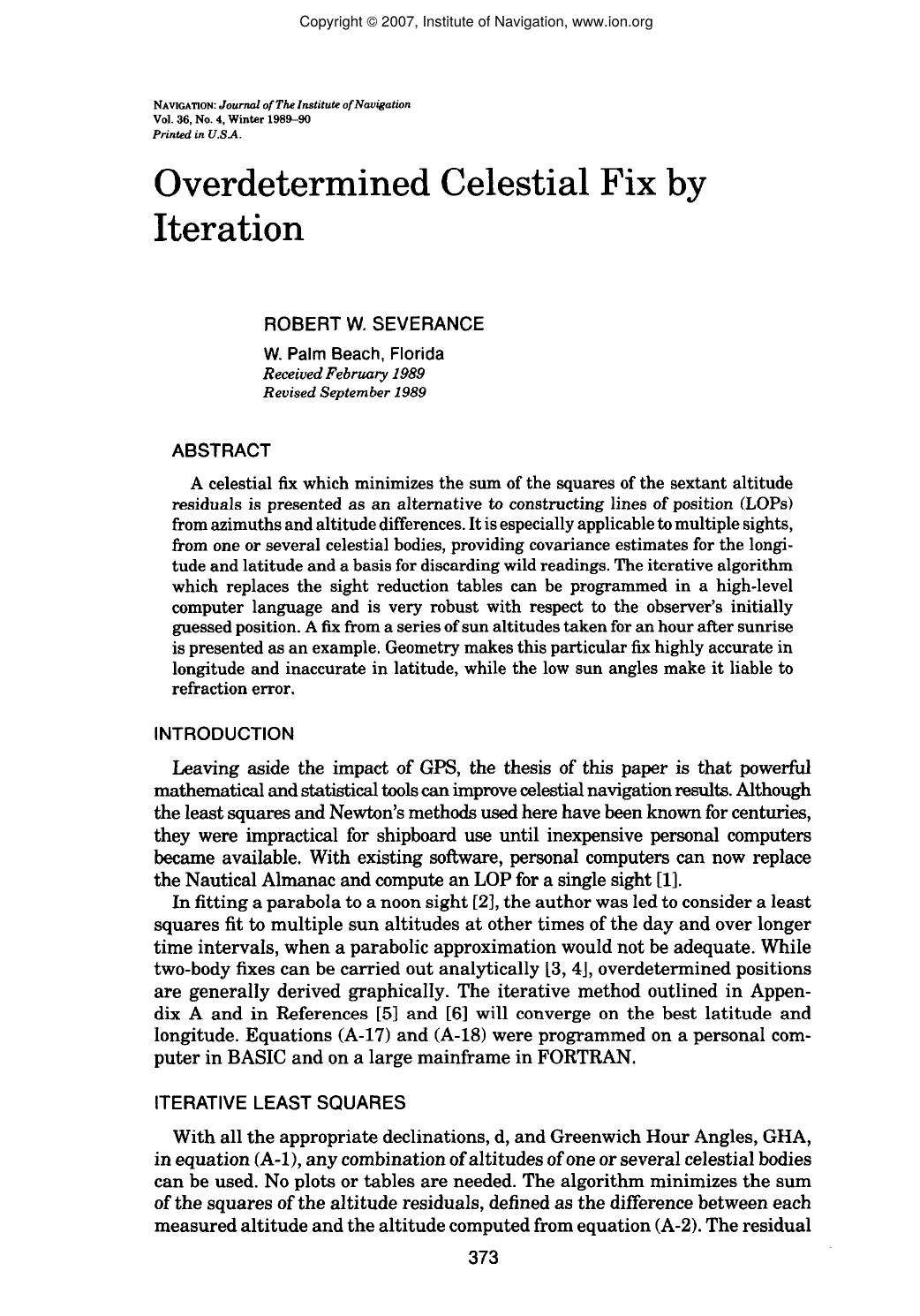 Overdetermined Celestial Fix by Iteration by ROBERT W. SEVERANCE