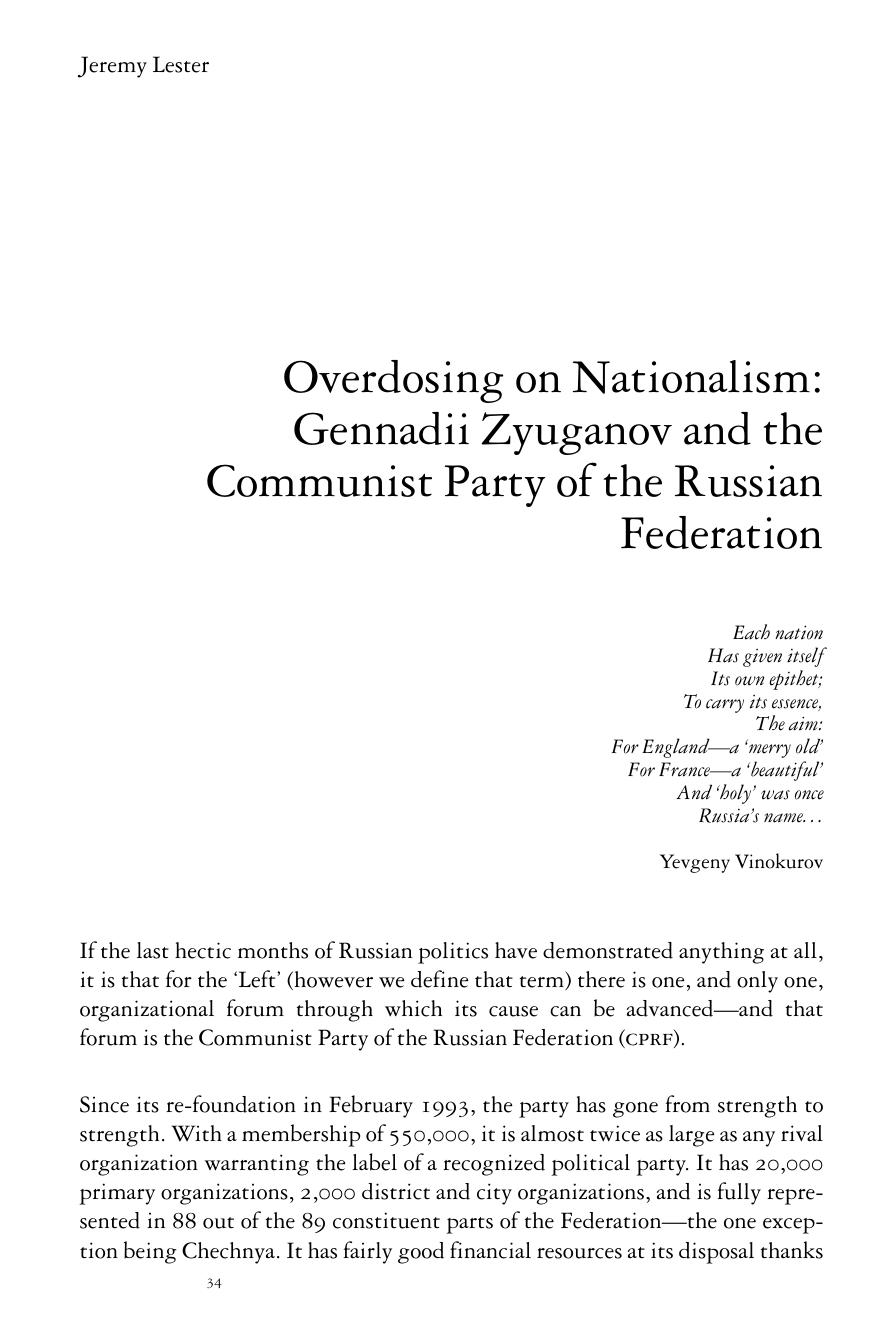Overdosing on Nationalism: Gennadii Zyuganov and the Communist Party of the Rus by Jeremy Lester