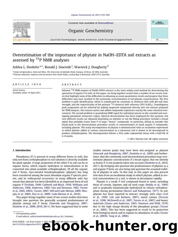 Overestimation of the importance of phytate in NaOHÃ¢â¬âEDTA soil extracts as assessed by 31P NMR analyses by Ashlea L. Doolette & Ronald J. Smernik & Warwick J. Dougherty