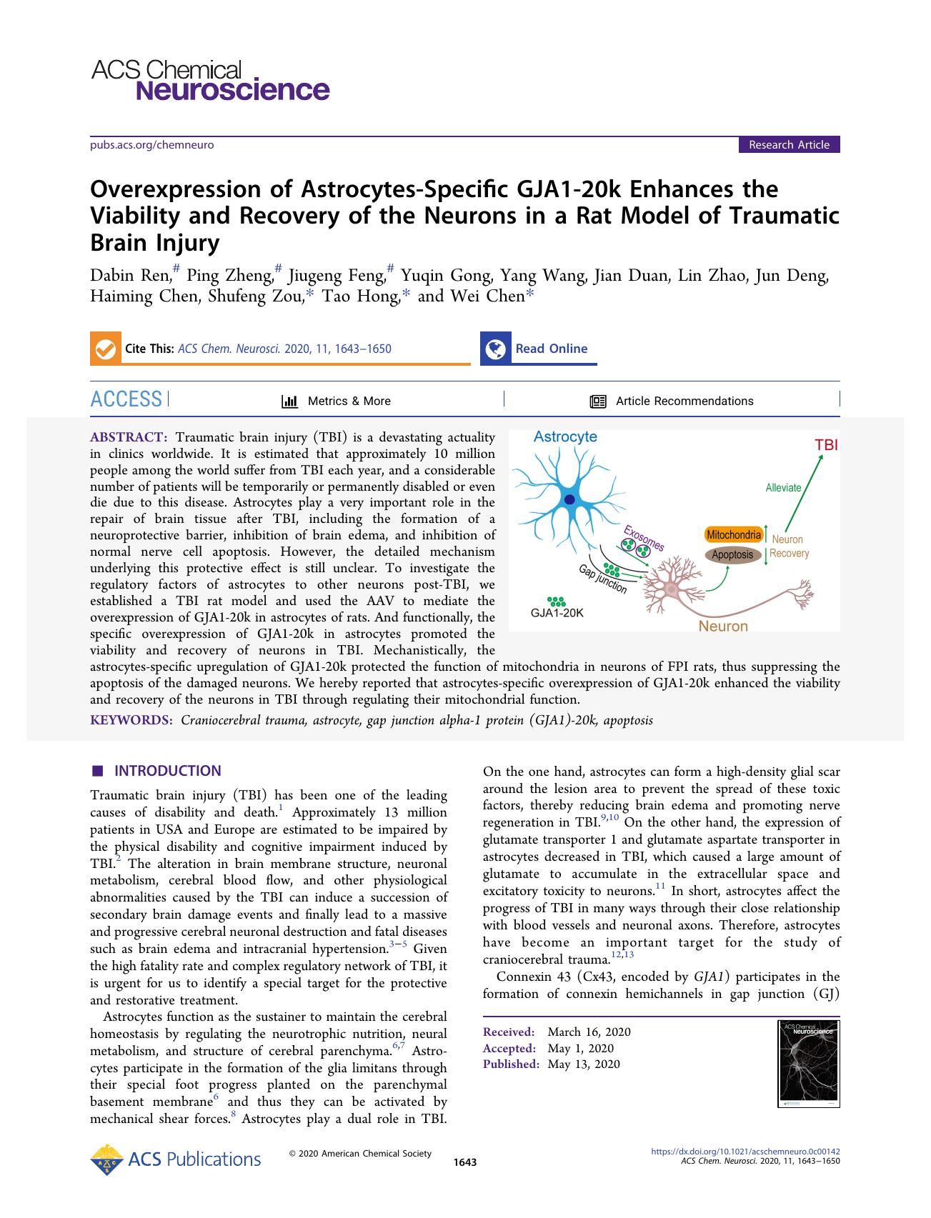 Overexpression of Astrocytes-Specific GJA1-20k Enhances the Viability and Recovery of the Neurons in a Rat Model of Traumatic Brain Injury by unknow
