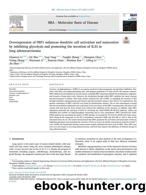 Overexpression of FBP1 enhances dendritic cell activation and maturation by inhibiting glycolysis and promoting the secretion of IL33 in lung adenocarcinoma by unknow
